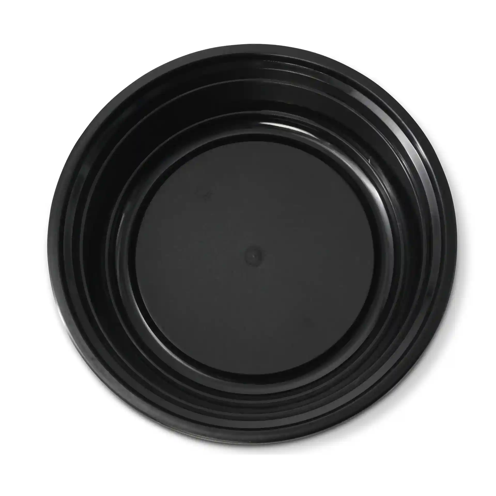 Assiette ronde noire réutilisable en polypropylène, capacité de 700 ml, diamètre de 182 mm et hauteur de 44 mm.