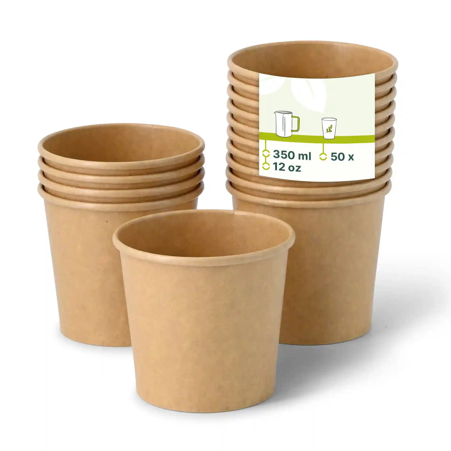 Empilement de pots en papier marron pour glace avec un pot devant, montrant une étiquette avec les détails de capacité.