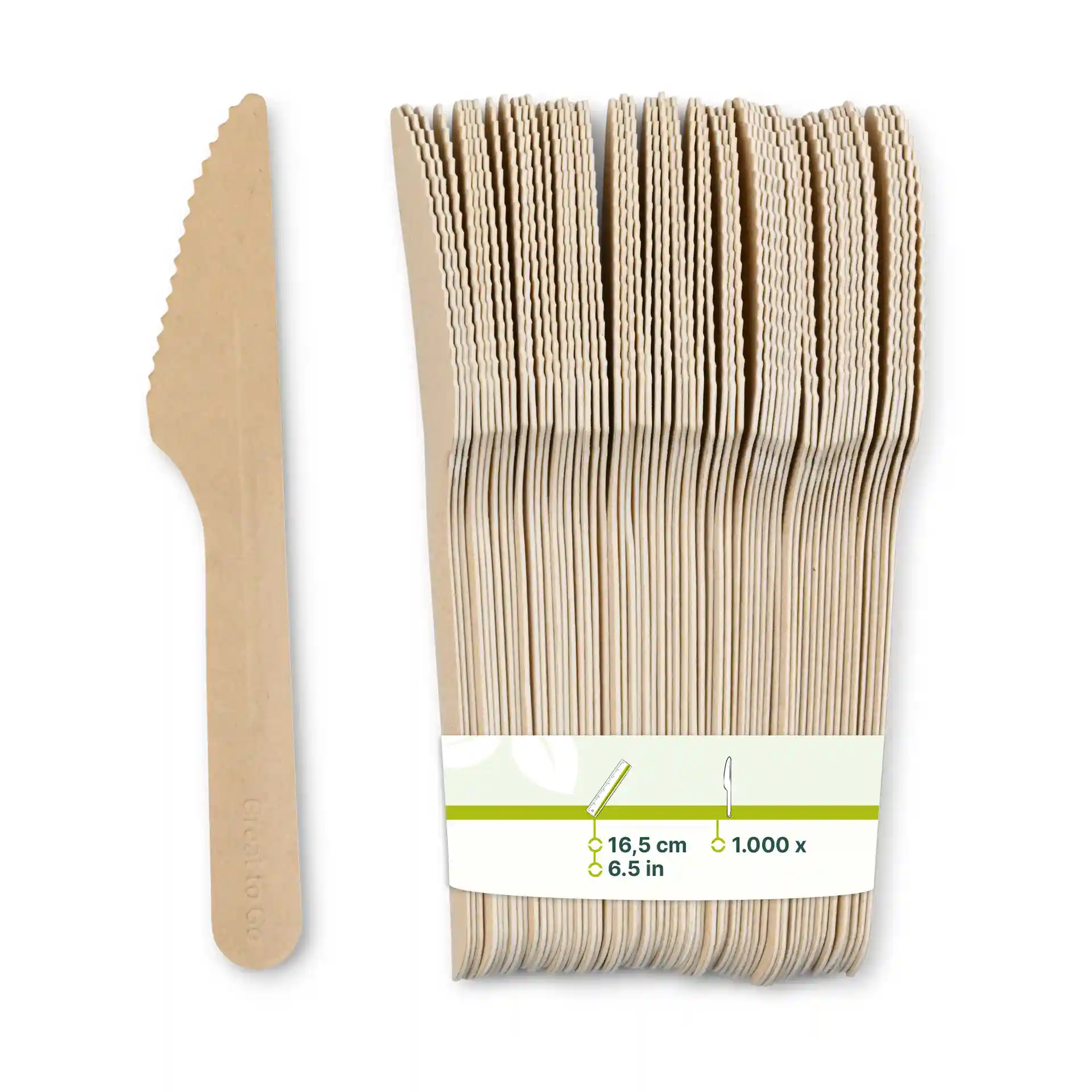 Couteaux en papier marron, longs de 16,5 cm, empilés avec un bord dentelé d'un côté.