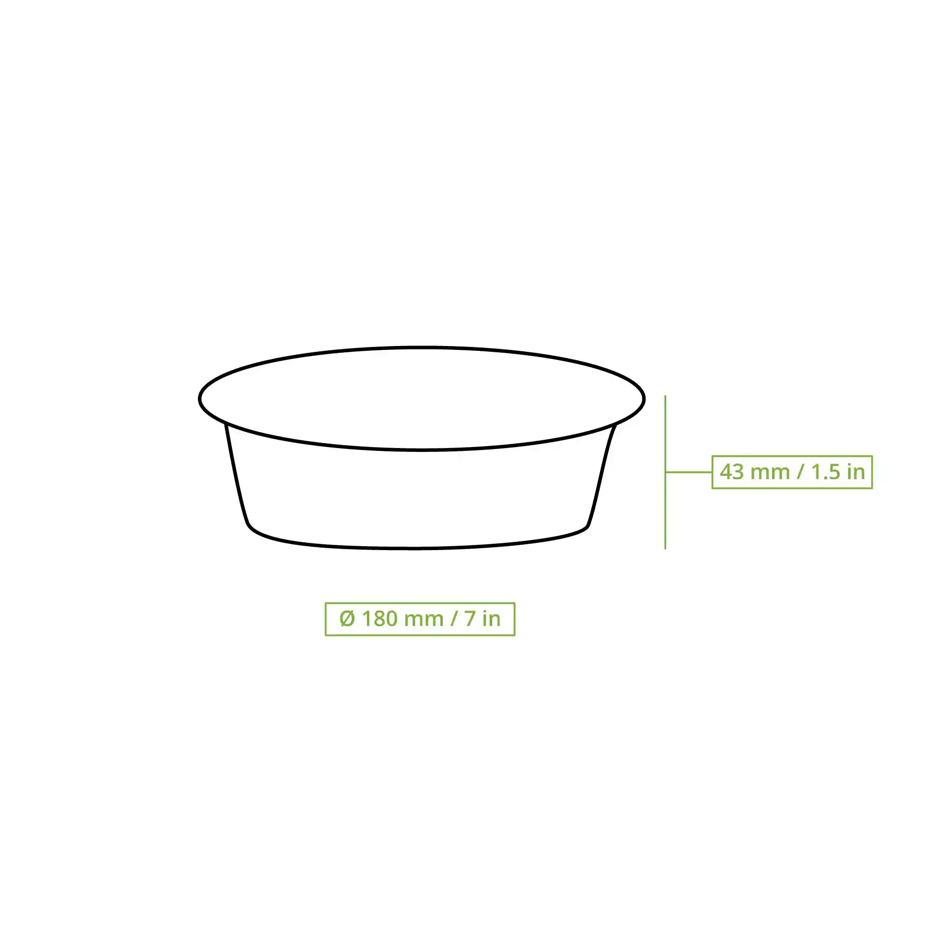 Dessin schématique d'un conteneur rond en aluminium d'un diamètre de 180 mm et d'une hauteur de 43 mm.