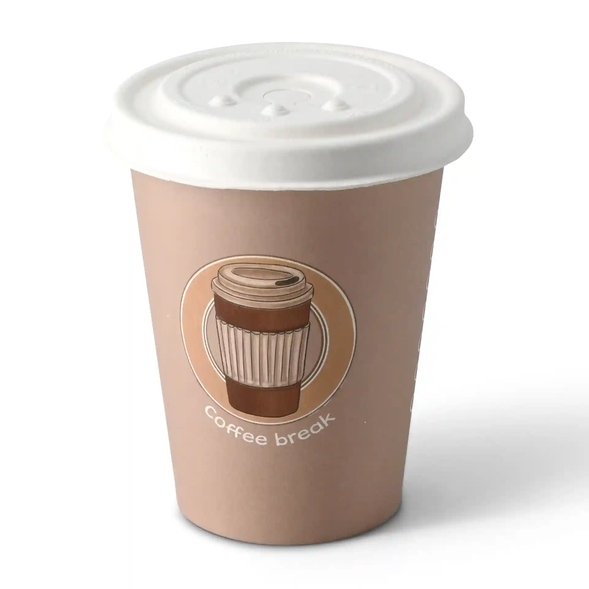 Gobelet en papier brun avec un couvercle blanc, présentant un graphique de café et le texte "pause café" à l'avant.
