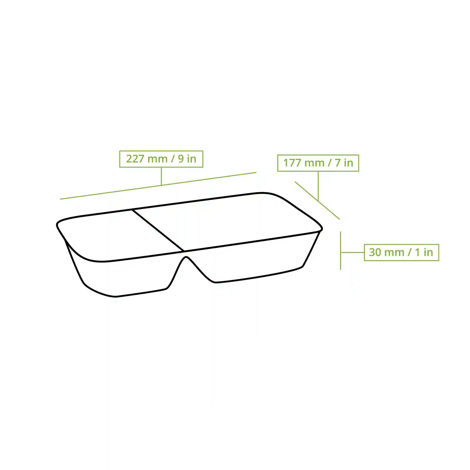 Dessin schématique d'un plateau repas en aluminium rectangulaire avec deux compartiments et des lignes de dimension.