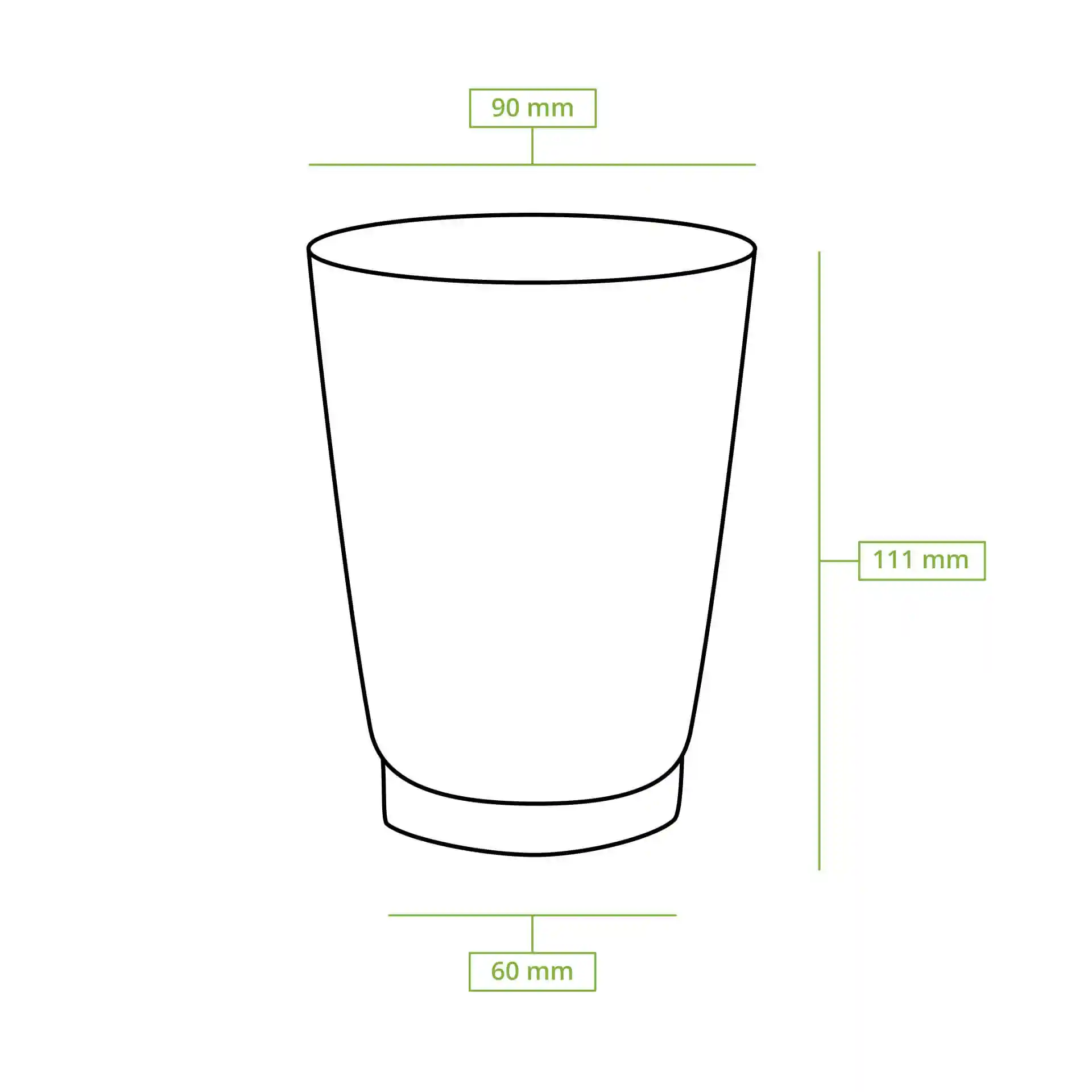 Dessin schématique d'un gobelet avec dimensions : hauteur 112 mm, diamètre supérieur 90 mm et diamètre de base 60 mm.