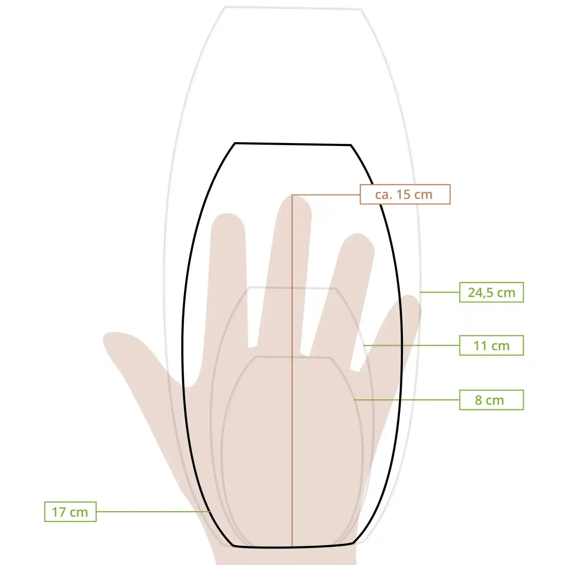 Dessin schématique d'un objet en forme de bateau avec des lignes de dimension indiquant 24,5 cm de hauteur, 15 cm de largeur et 17 cm de profondeur.