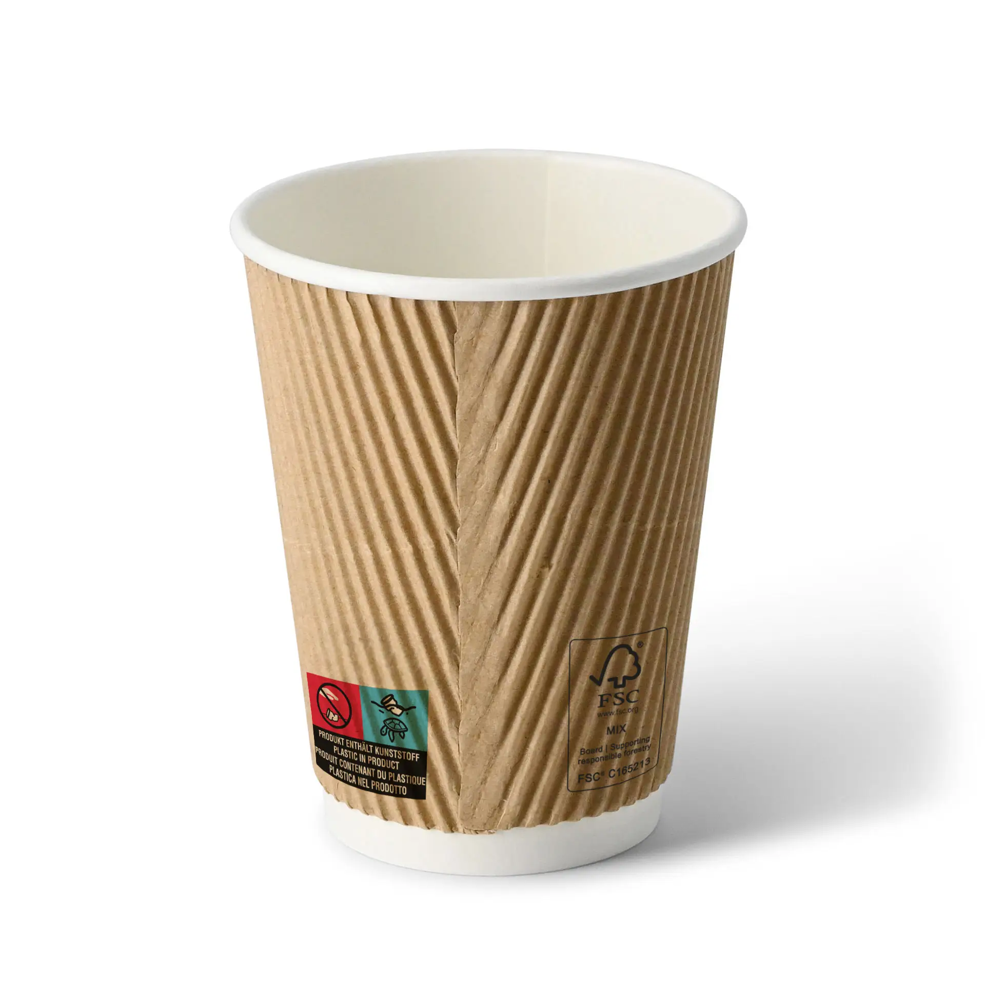 Tasse à café marron ondulée avec revêtement intérieur blanc, capacité de 12 oz, forme ronde et étiquettes d'avertissement visibles sur le côté.