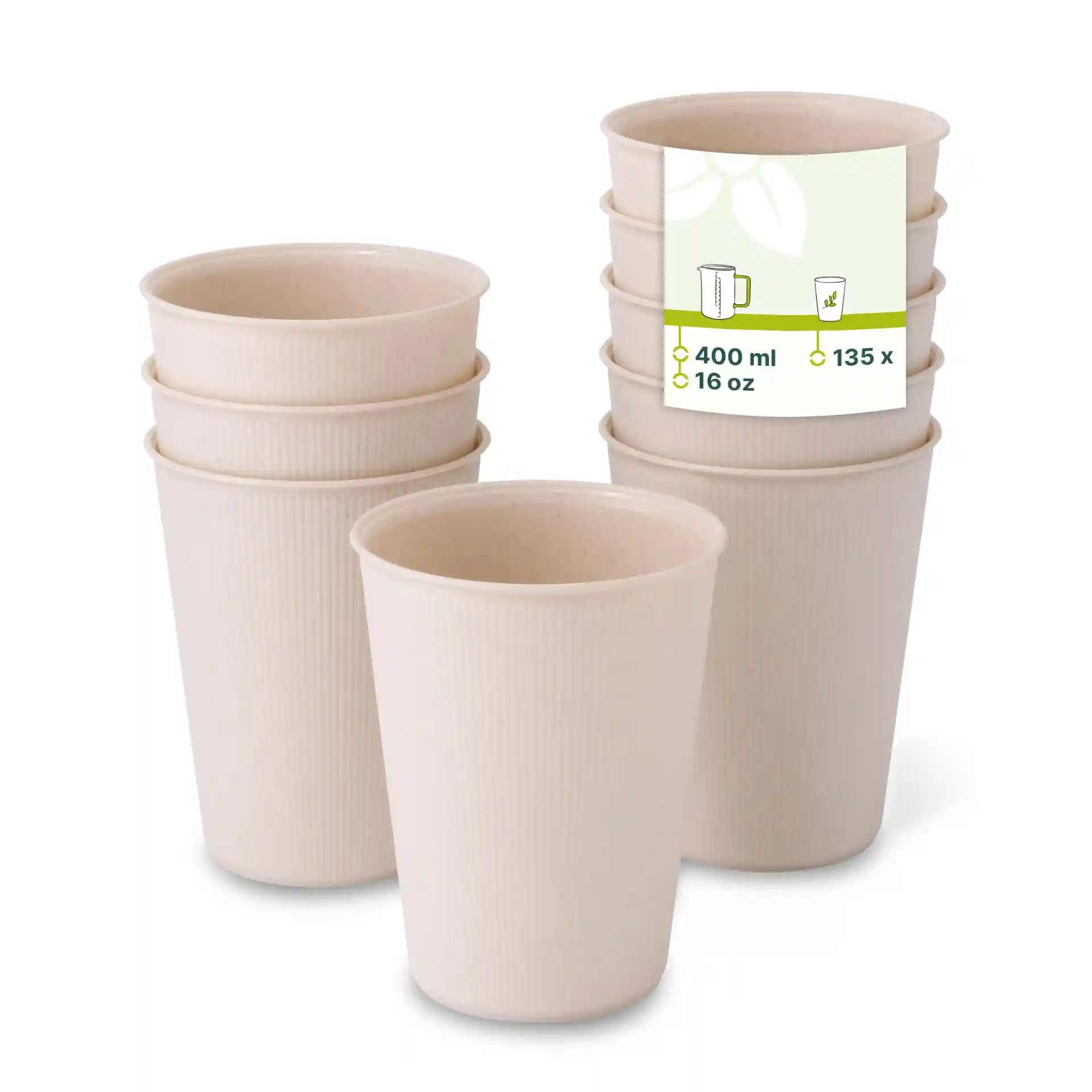 Tasses réutilisables crèmes blanches striées empilées, avec une tasse devant montrant une étiquette indiquant une capacité de 400 ml.