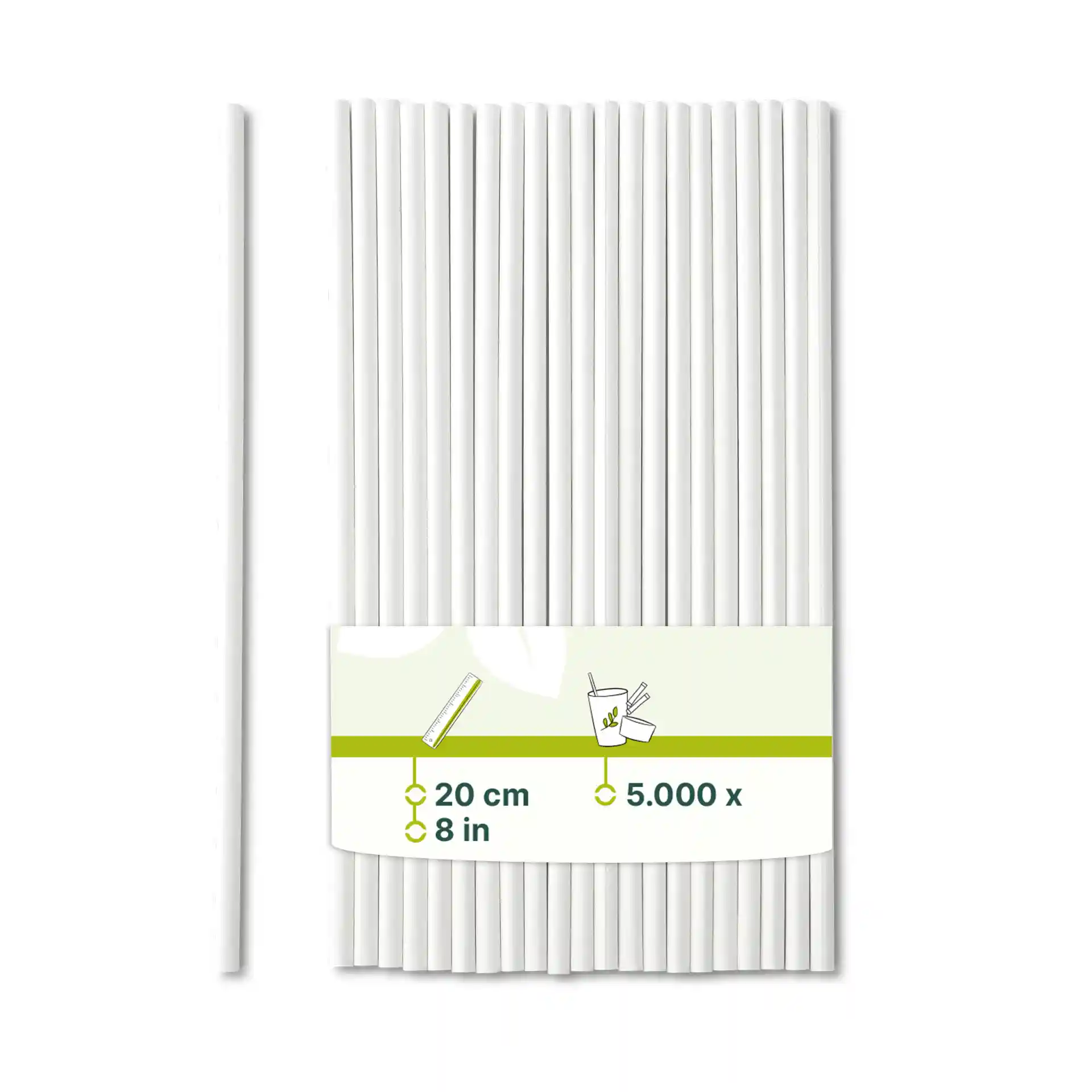 Pailles en papier blanches, longues de 20 cm et d'un diamètre de 0,5 cm, présentées avec une étiquette.