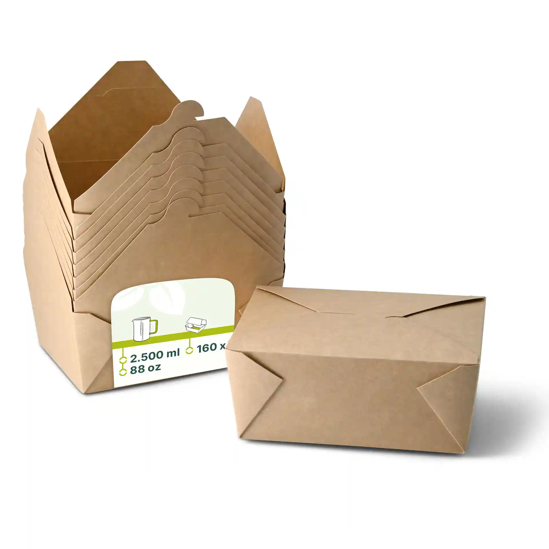 Boîtes en carton marron à emporter empilées, avec une boîte devant montrant une étiquette avec des détails de volume et de quantité.