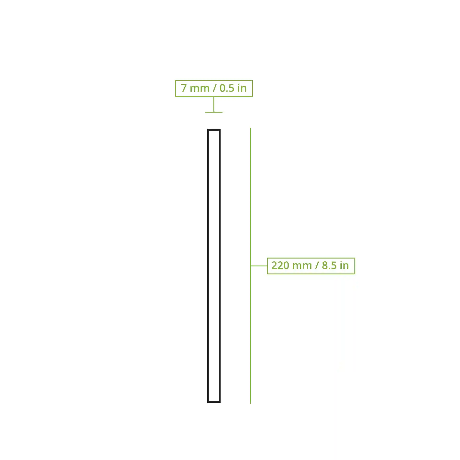 Dessin schématique d'une paille réutilisable noire de 220 mm de long et 7 mm de diamètre.