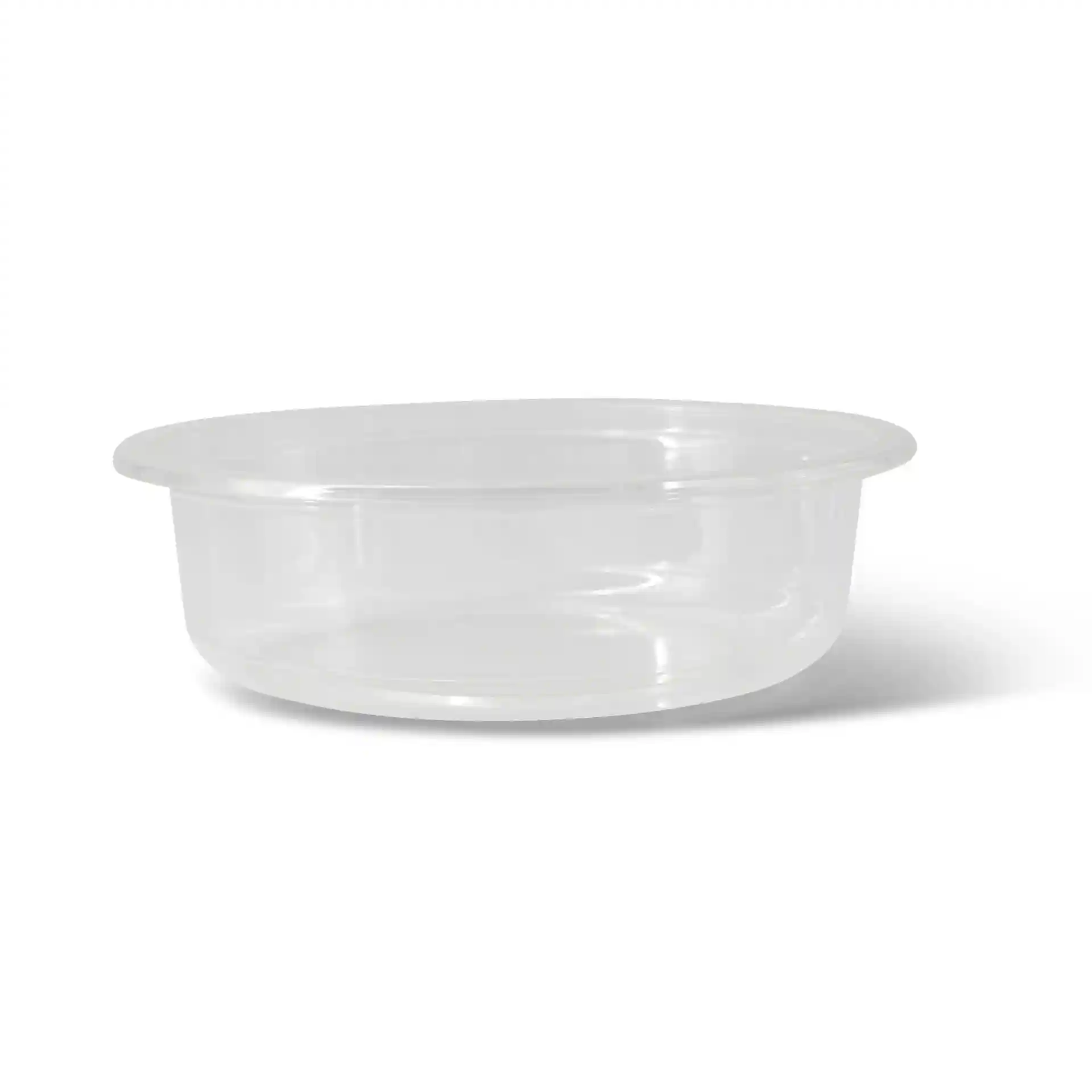 Conteneur rond transparent avec un diamètre de 120 mm et une hauteur de 34 mm.