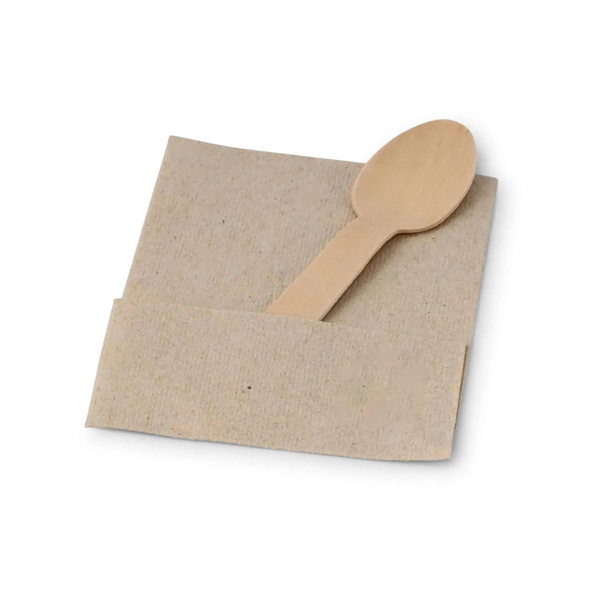 Serviette en papier rectangulaire non blanchie avec une cuillère en bois dessus.