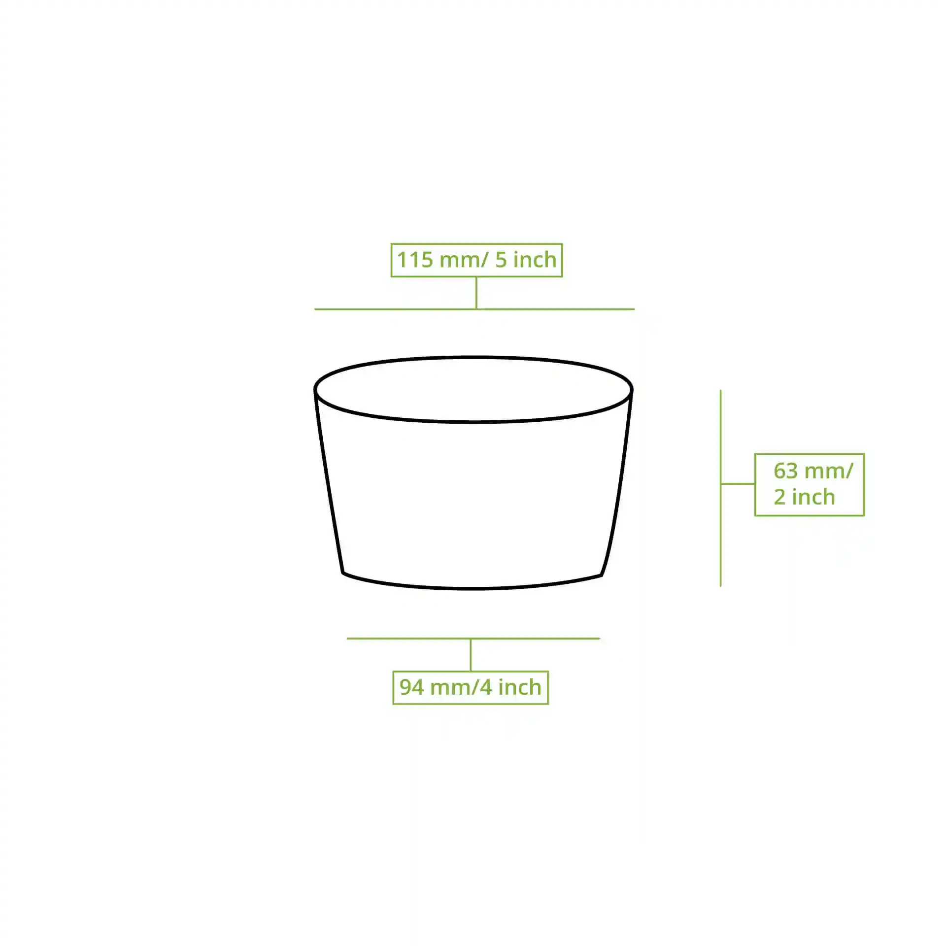 Dessin schématique d'un récipient rond pour soupe avec des dimensions : 115 mm de diamètre, 63 mm de hauteur et 94 mm de diamètre de fond.