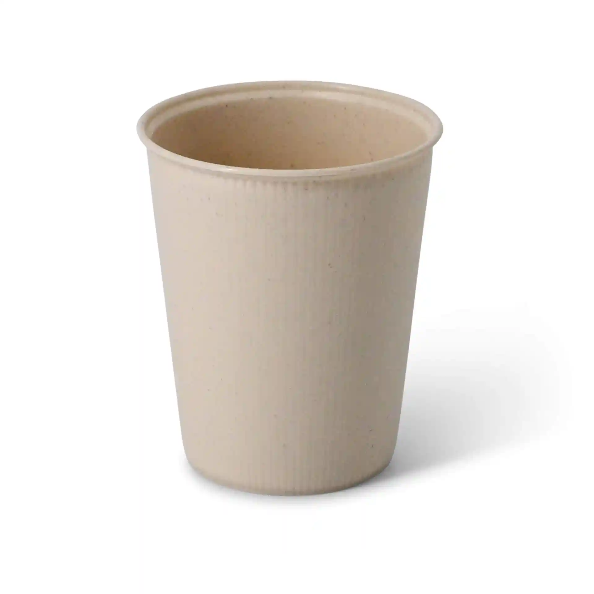 Gobelet réutilisable blanc crème avec texture nervurée, capacité de 11 oz et diamètre de 80 mm.