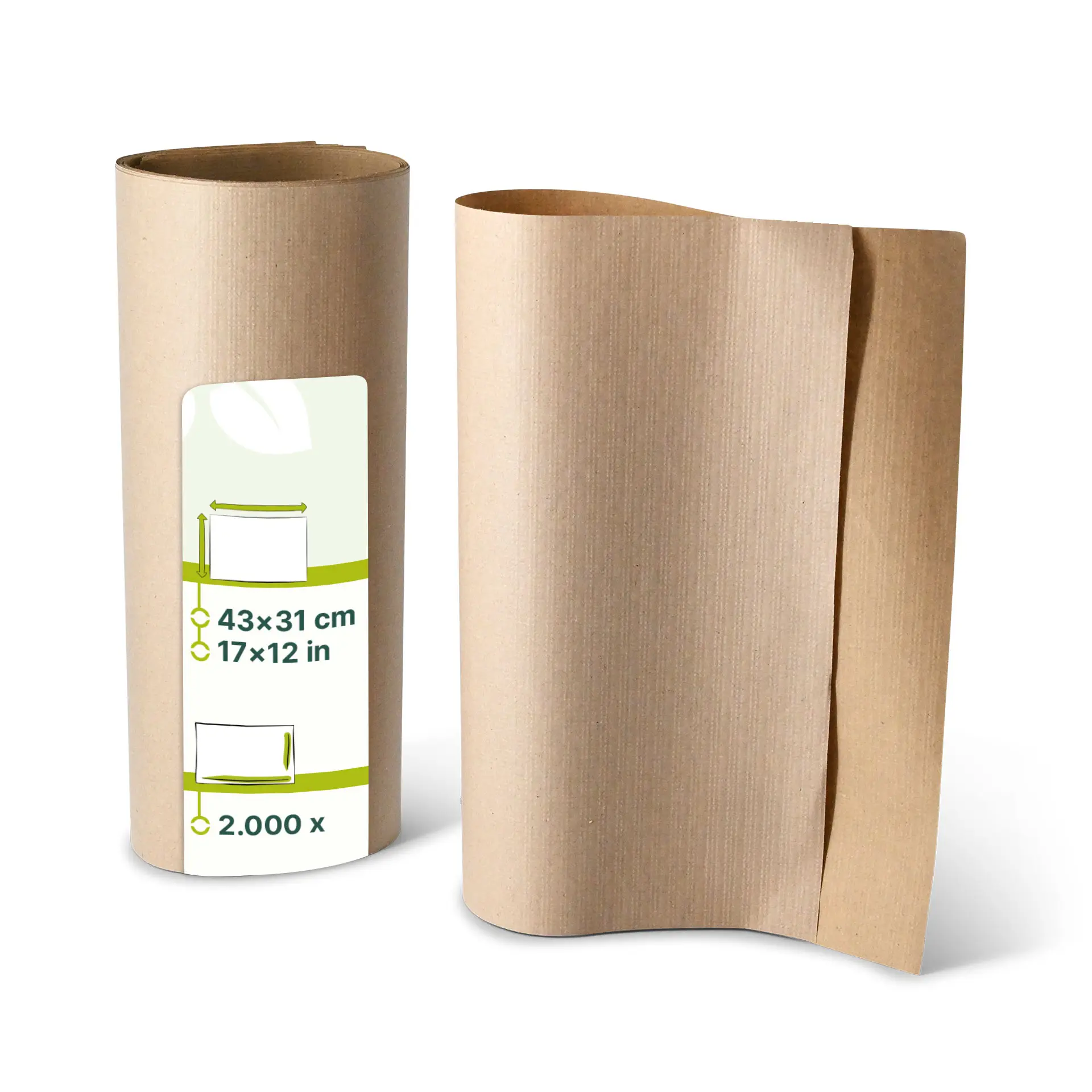 Deux rouleaux de sets de table en rPaper non blanchis, mesurant chacun 43 x 31 cm, avec une étiquette indiquant les dimensions et la quantité.