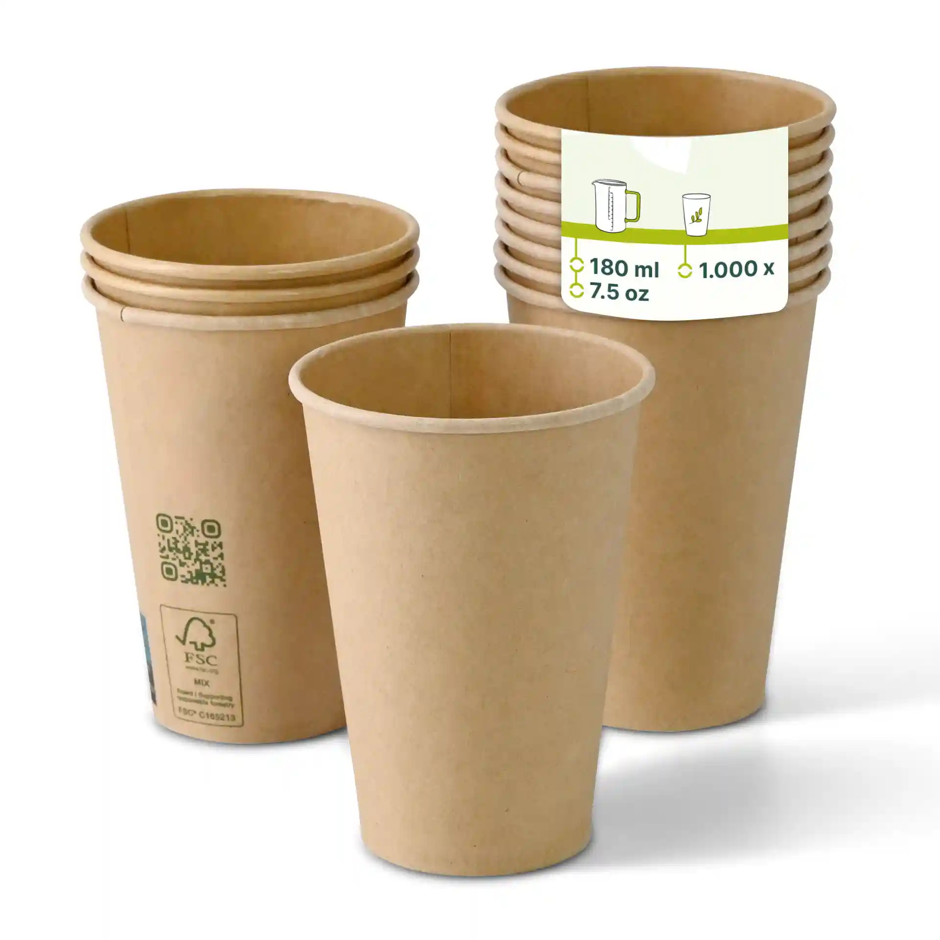 Gobelets en carton marron à paroi simple, 180 ml, diamètre de 70 mm, empilés avec un gobelet devant.