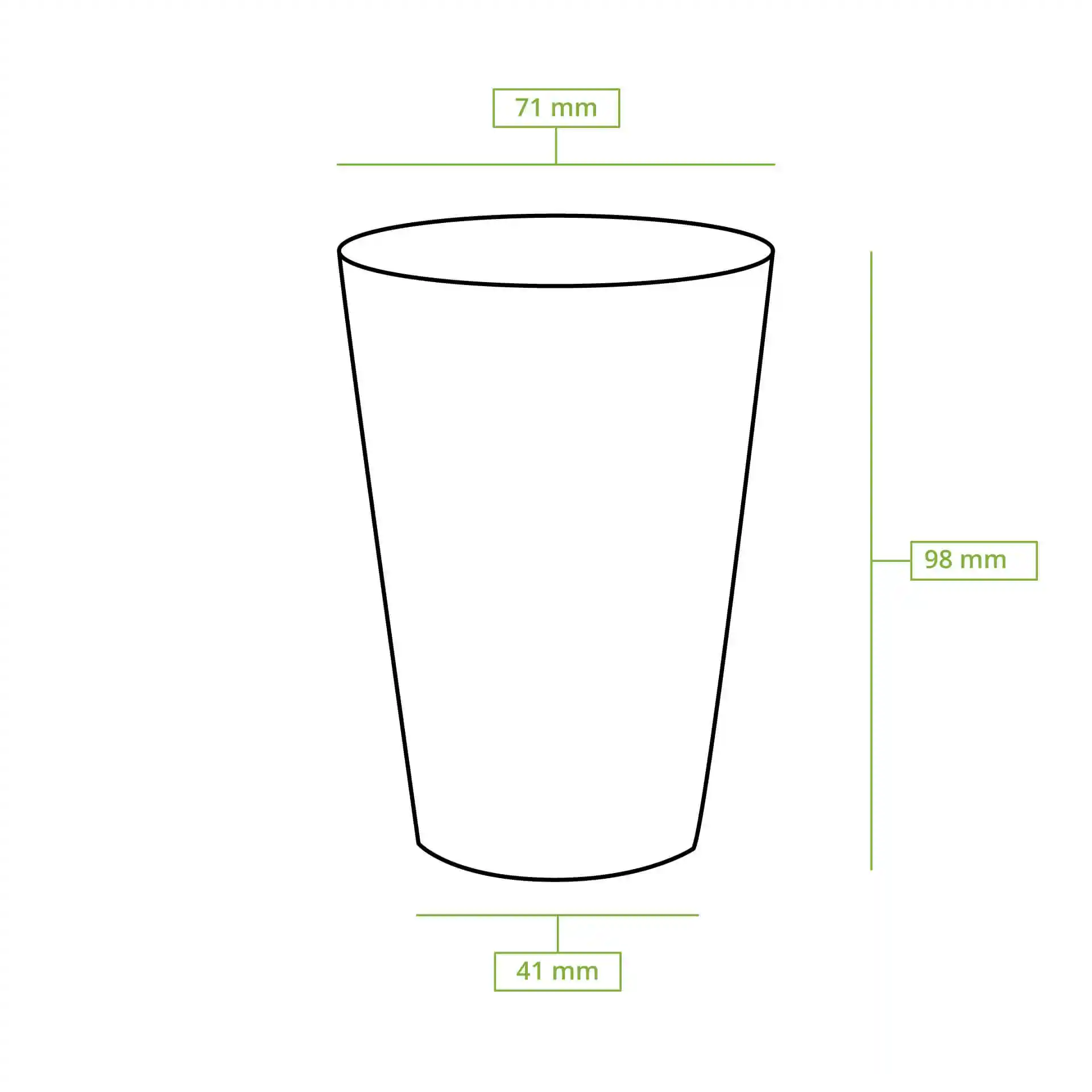 Dessin schématique d'un gobelet en papier rond avec dimensions : hauteur 92 mm, diamètre supérieur 70 mm, diamètre inférieur 45 mm.