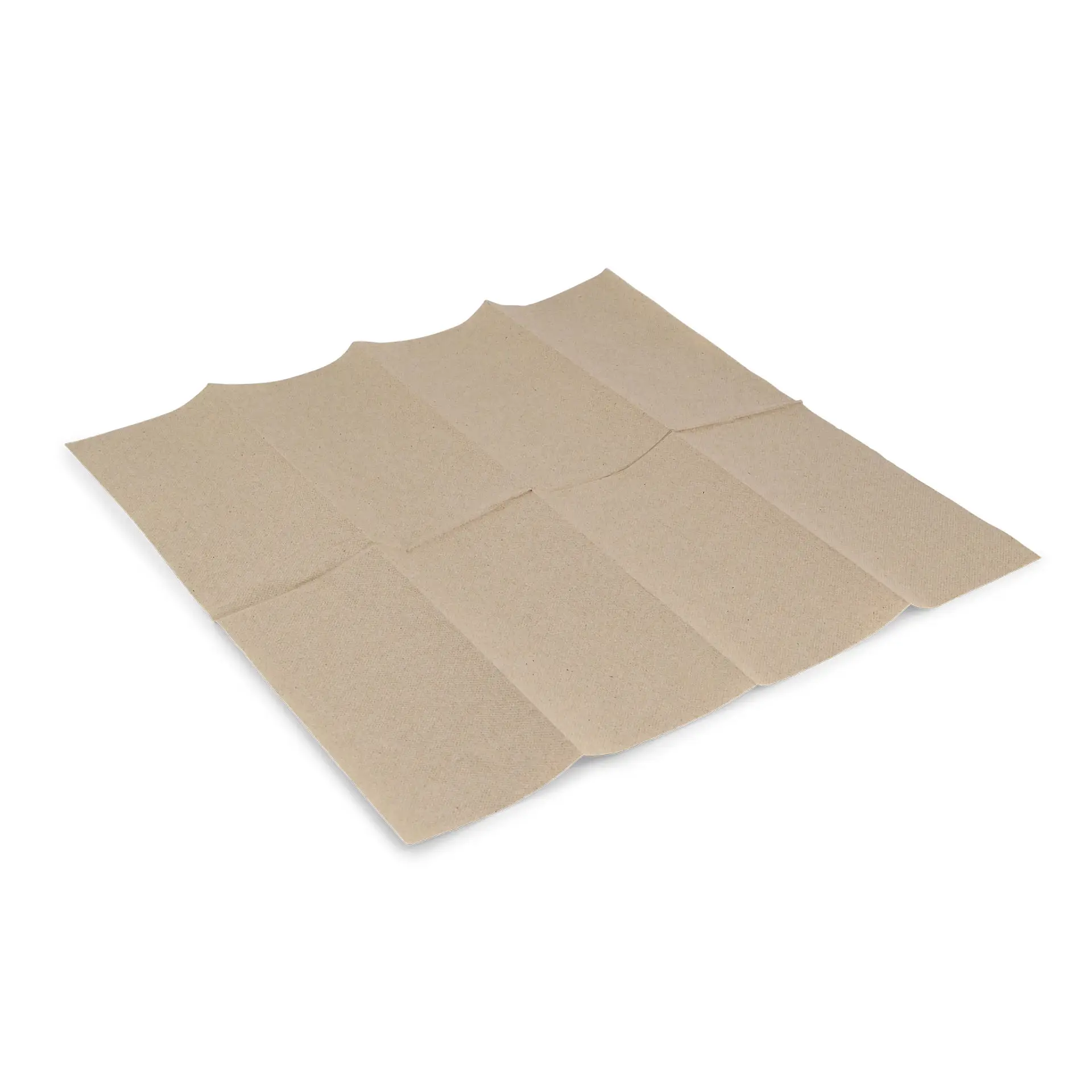 Serviette en papier recyclé non blanchie, rectangulaire, 40 x 40 cm, 2 épaisseurs, pliée en 1/8, posée à plat sur fond blanc.