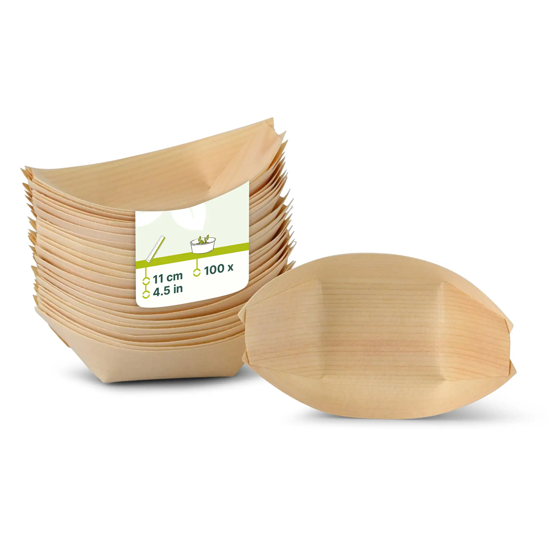 Empilement de conteneurs en bois en forme de bateau, 11 cm de long, avec un conteneur devant montrant une étiquette.