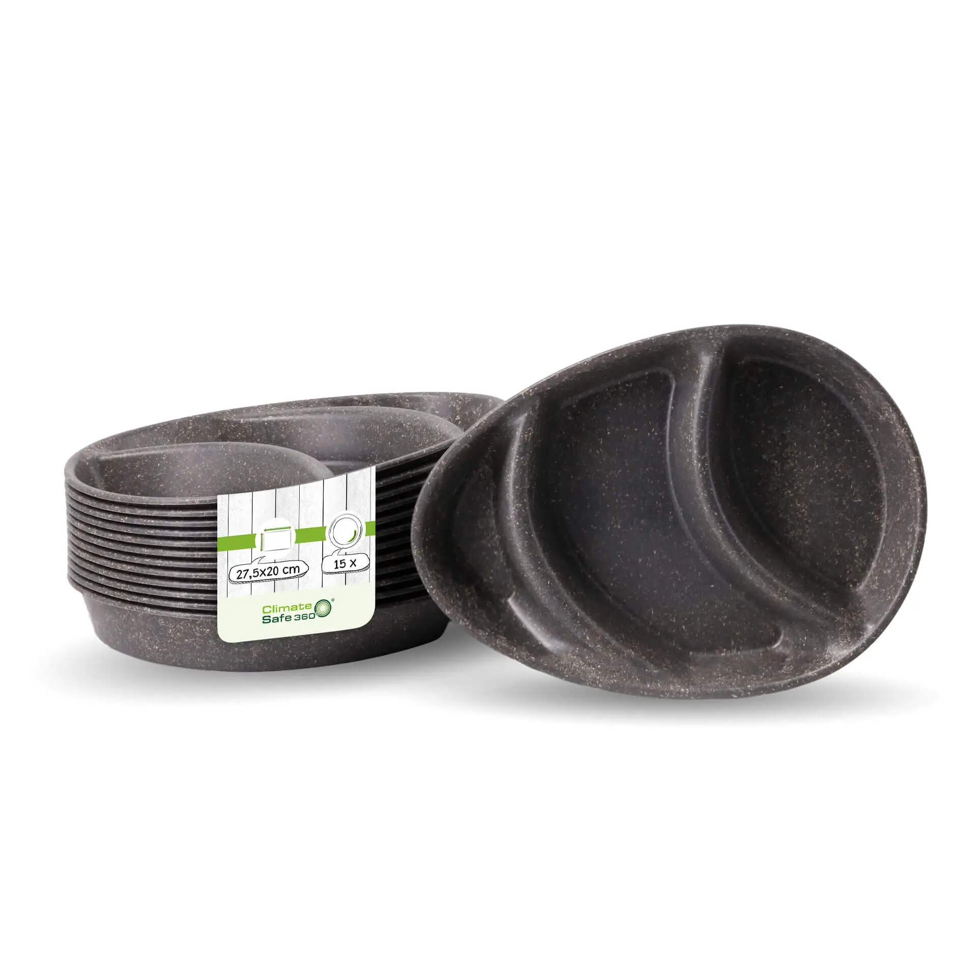 Assiette repas réutilisable « merways Plate » poivre / gris 27,5 x 20 x 3,5 cm, 3 compartiments, ovale dfc008381-mehrweg-menue-teller-merways-plate-275-x-20-x-35-cm-3-kammern-tropfenfoermig-pfeffer-grau