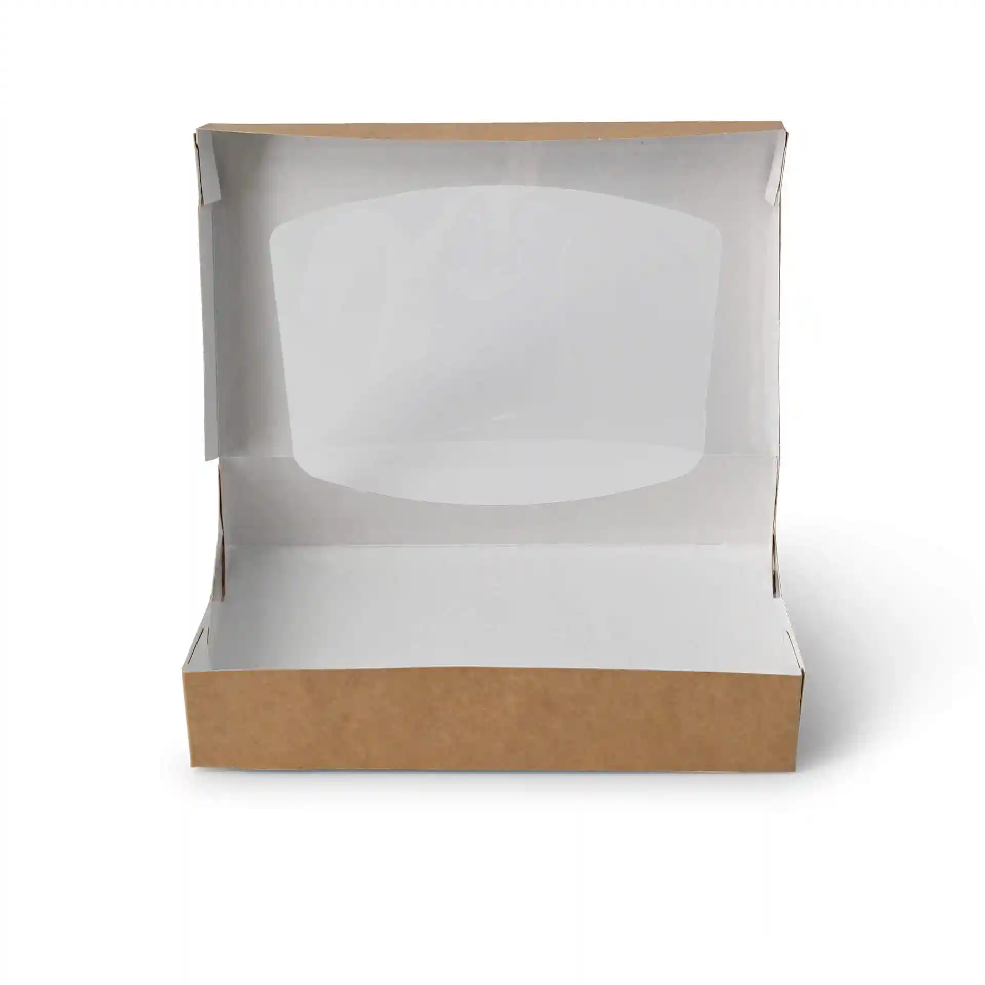 Boîte en carton marron avec intérieur blanc, mesurant 20 x 12 x 4 cm, ouverte et vide.