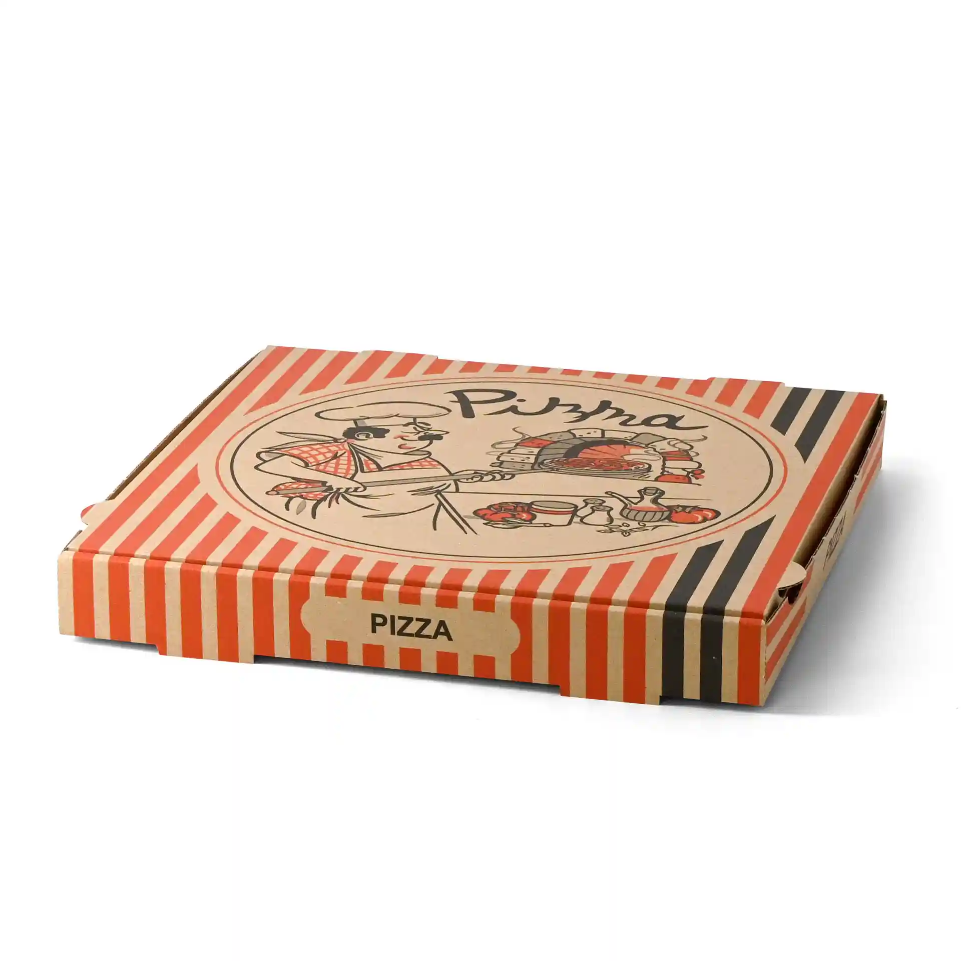 Boîte à pizza avec un design marron représentant un chef pizzaiolo, mesurant 32 x 32 x 4 cm.