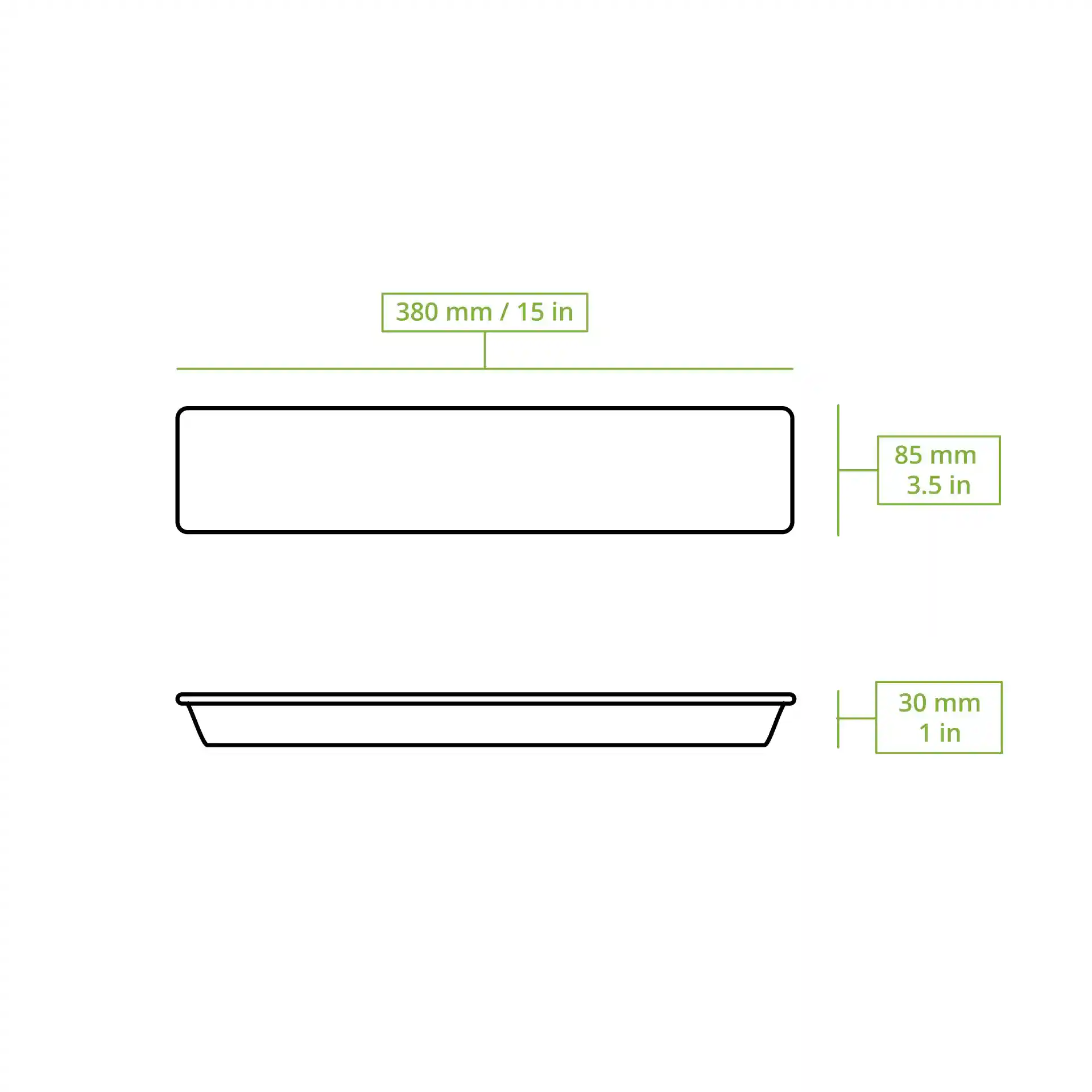 Dessin schématique d'un plateau rectangulaire en feuille de palmier avec des dimensions de 380 mm par 85 mm et une hauteur de 30 mm.