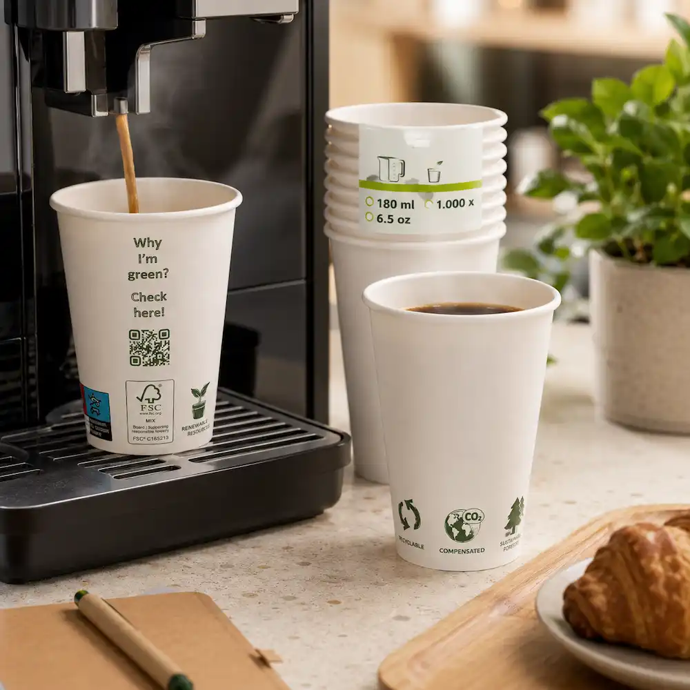 Gobelets en papier blancs jetables à côté d'une machine à café avec du café chaud en train d'être versé.
