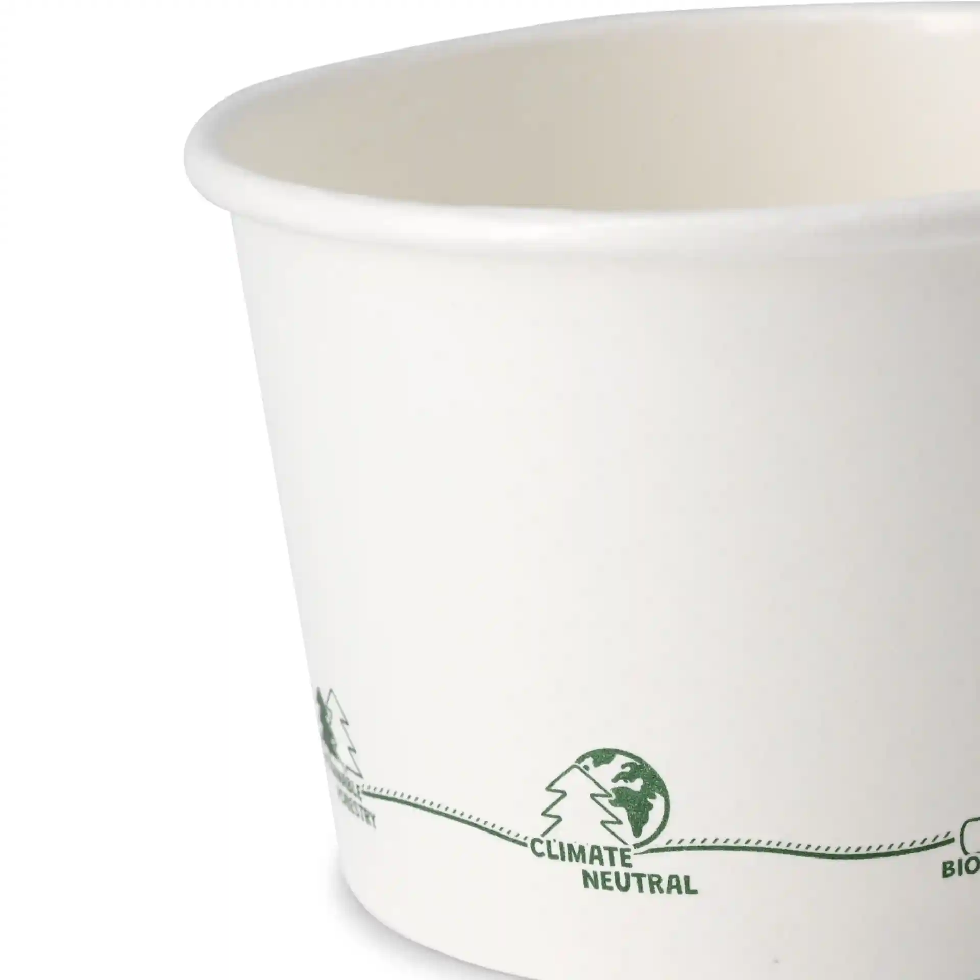 Gobelet en carton blanc pour soupe avec icônes imprimées vertes, forme ronde et revêtement écologique.