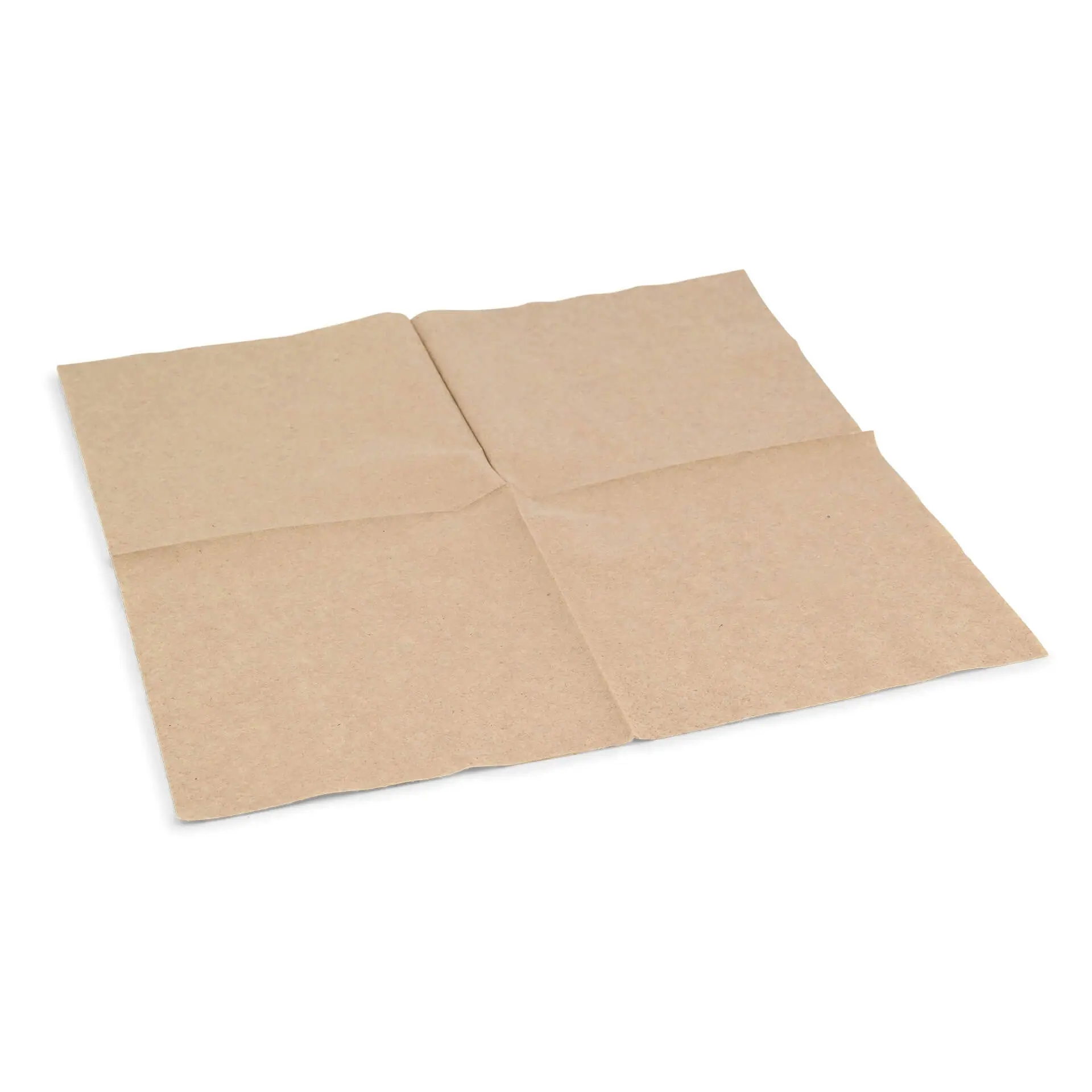 Serviette en papier carrée, non blanchie, 33 x 33 cm, 2 plis, pliée en quatre, avec un symbole de recyclage imprimé sur la surface.