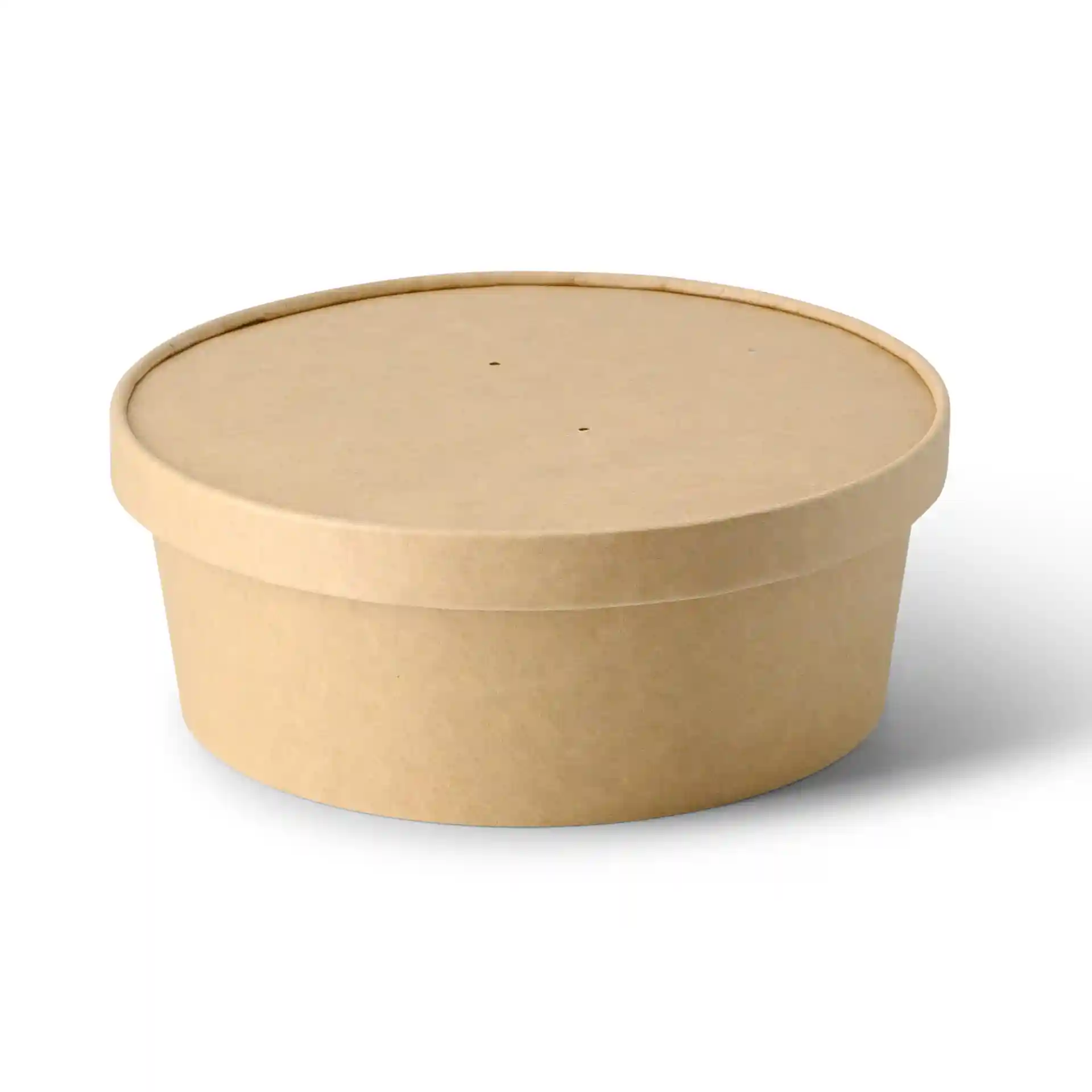 Bol rond en carton marron avec couvercle, mesurant 185 mm de diamètre et 65 mm de hauteur.