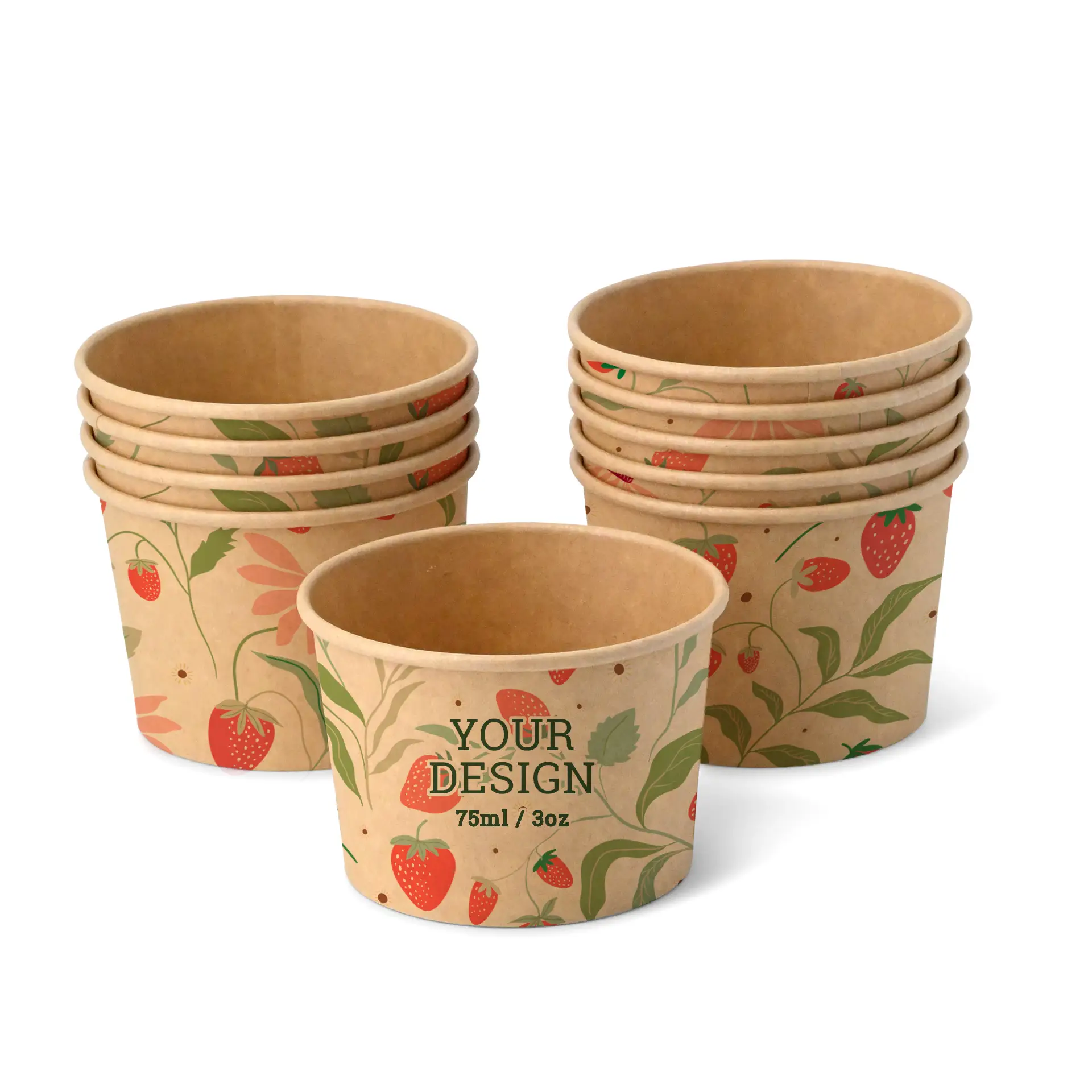 Pots à glace personnalisés 75 ml / 3 oz, brun, revêtement PLA Pots à glace personnalisés 75 ml / 3 oz, brun, revêtement PLA