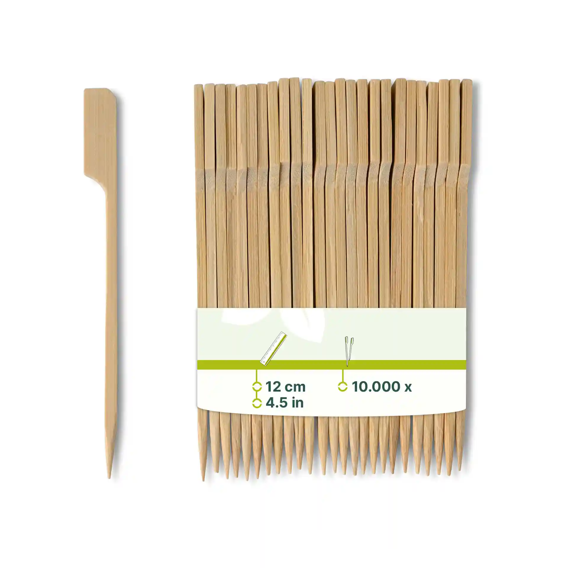 Brochettes en bambou, 12 cm de long, marron, non traitées, avec plusieurs brochettes présentées dans un paquet.