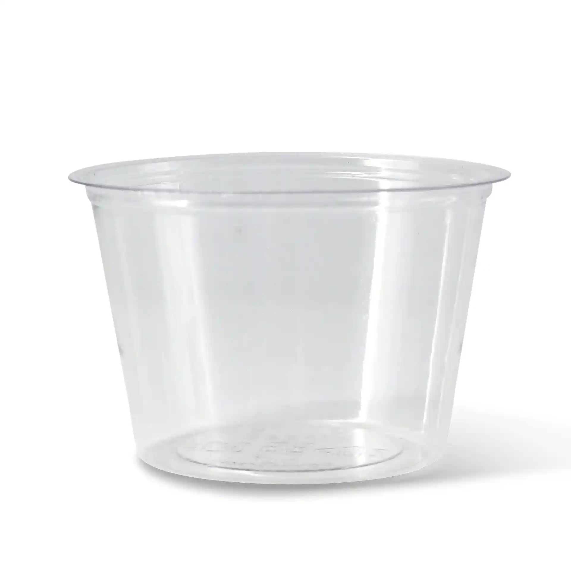Gobelet rond transparent de 70 mm de diamètre et 47 mm de hauteur, en matériau PLA, capacité de 100 ml.
