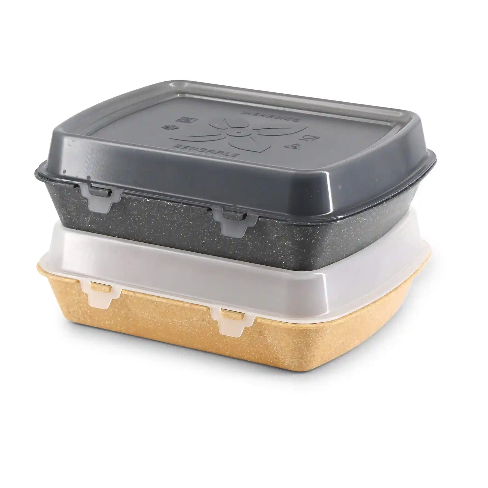 Contenants de menu réutilisables empilés en gris et beige, forme rectangulaire, avec couvercles et clips pour une fermeture sécurisée.
