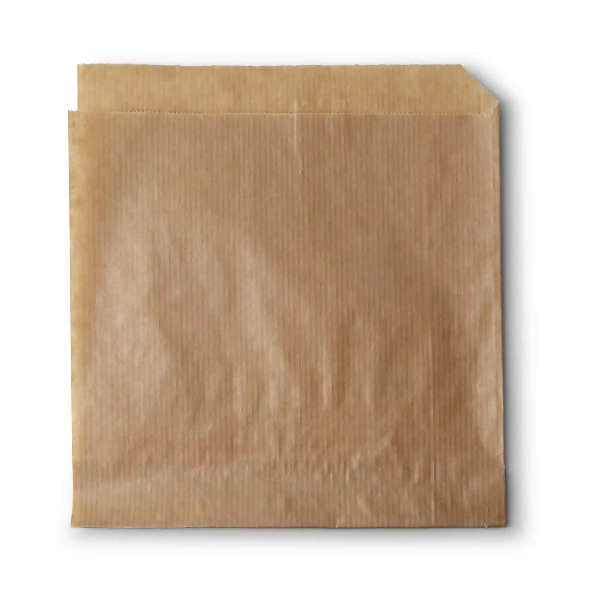 Sac à snacks en papier brun, ouvert des deux côtés, mesurant 16 x 15 cm.