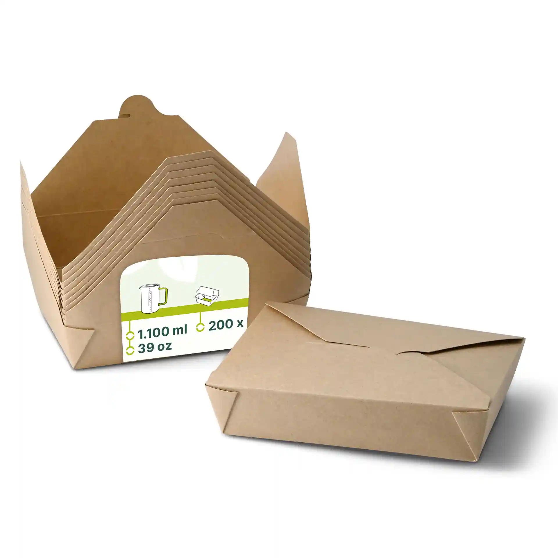 Contenants en carton brun empilés avec un contenant plat à côté, montrant une étiquette avec des marquages.