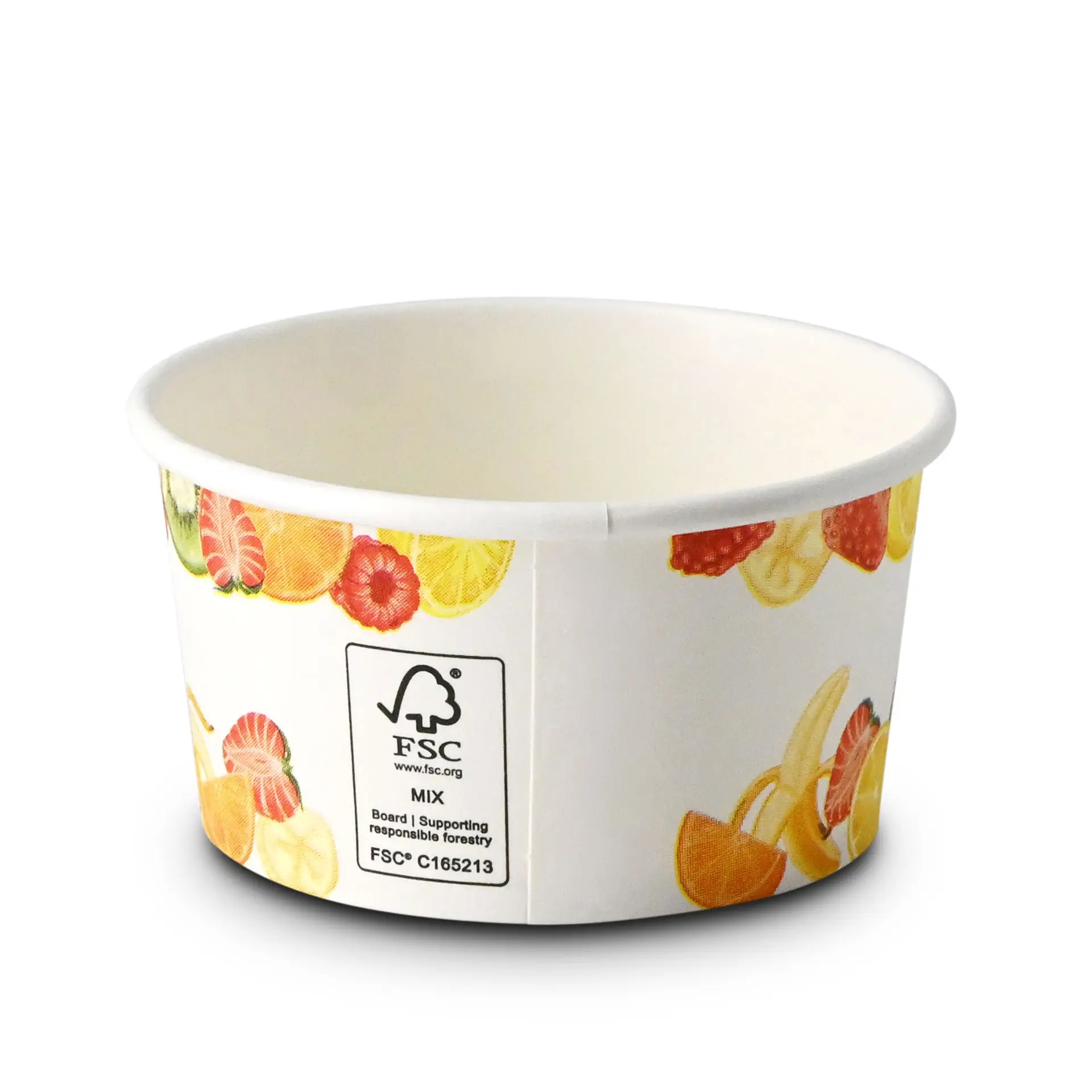 Un gobelet en papier imprimé de fruits; adapté aux aliments chauds et froids, avec une étiquette de certification FSC visible.