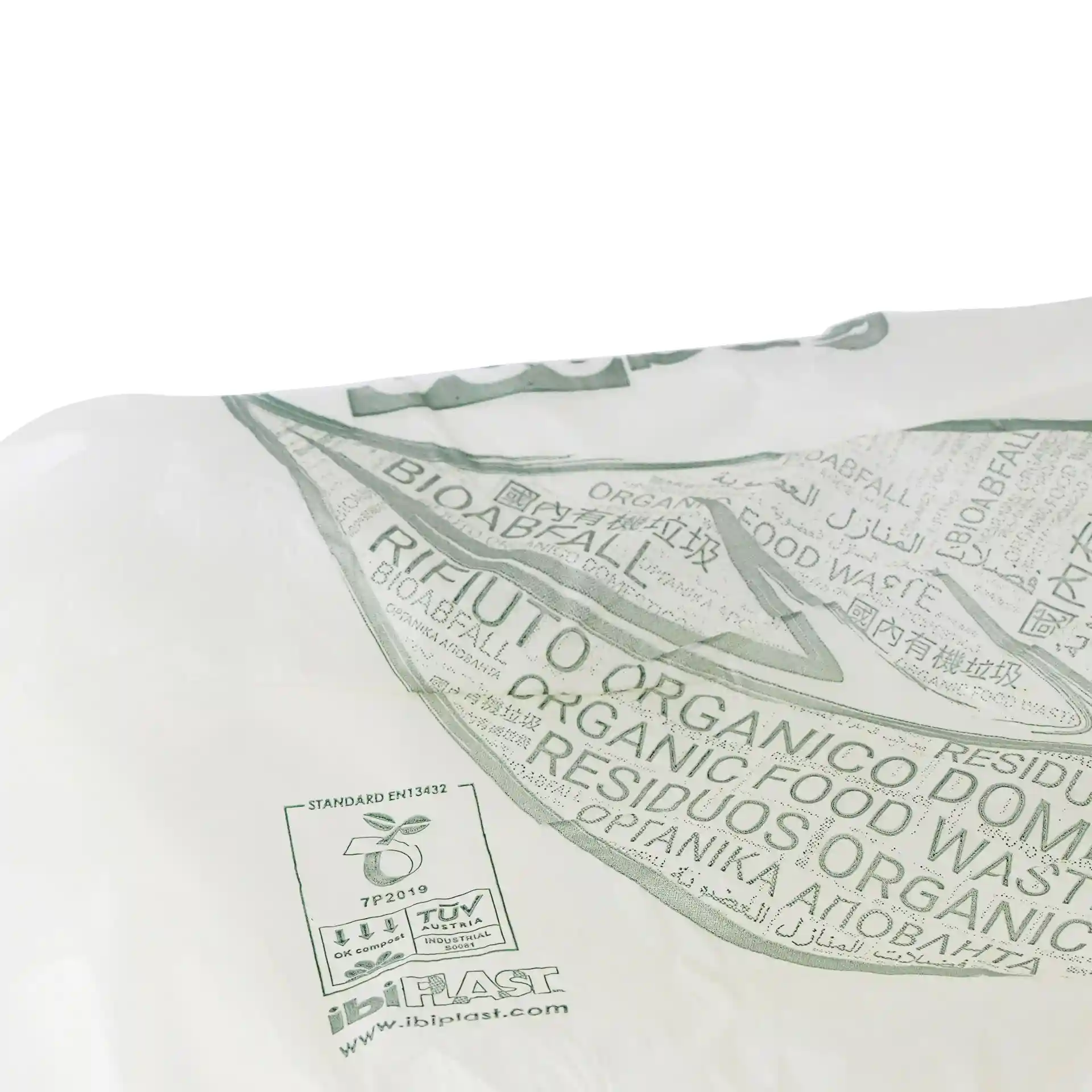 Sac poubelle bio transparent en PLA, mesurant 50x60 cm, avec des marquages imprimés pour les déchets organiques.
