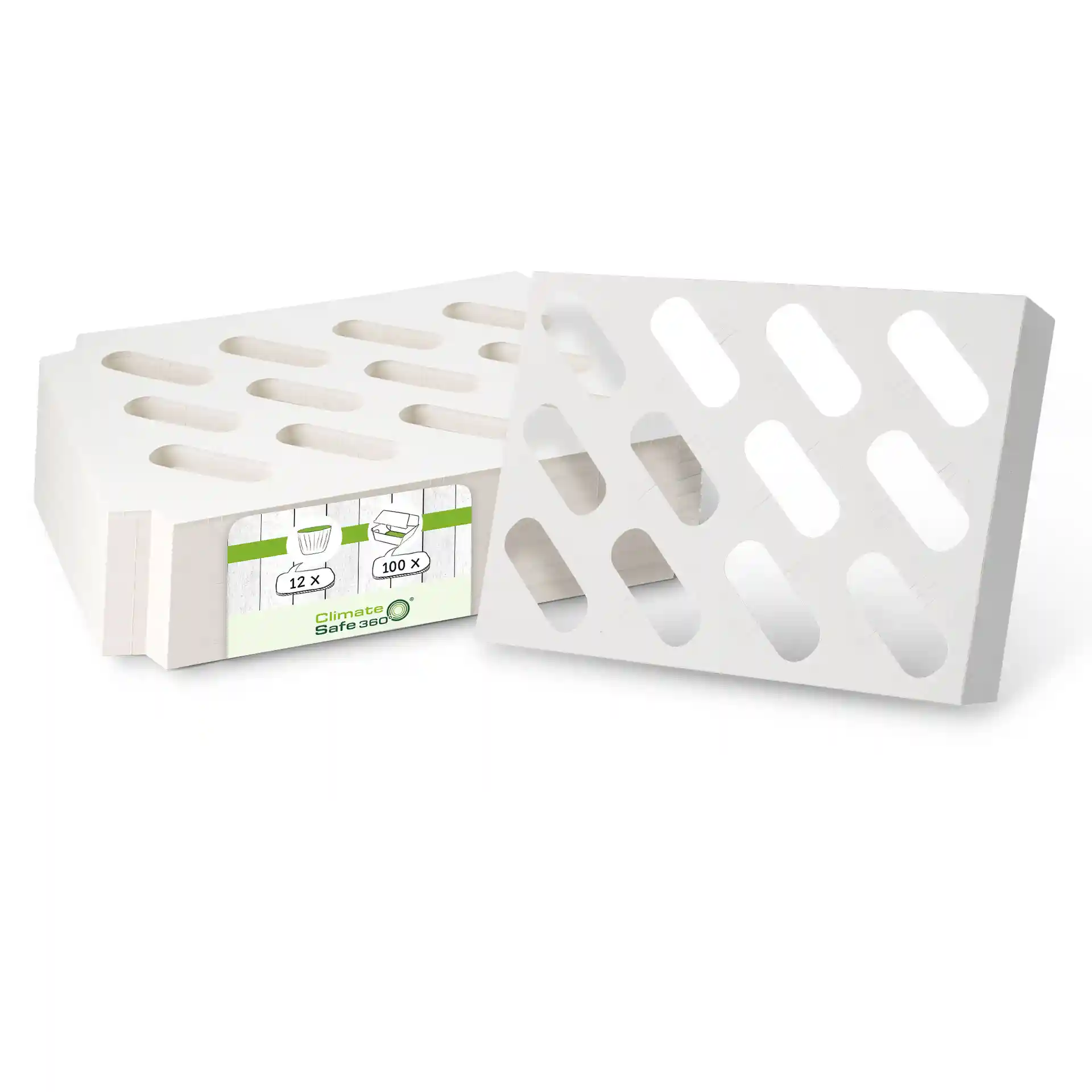 Insert en carton blanc pour boîtes à cupcakes avec des découpes, montrant une partie de l'étiquette d'emballage.