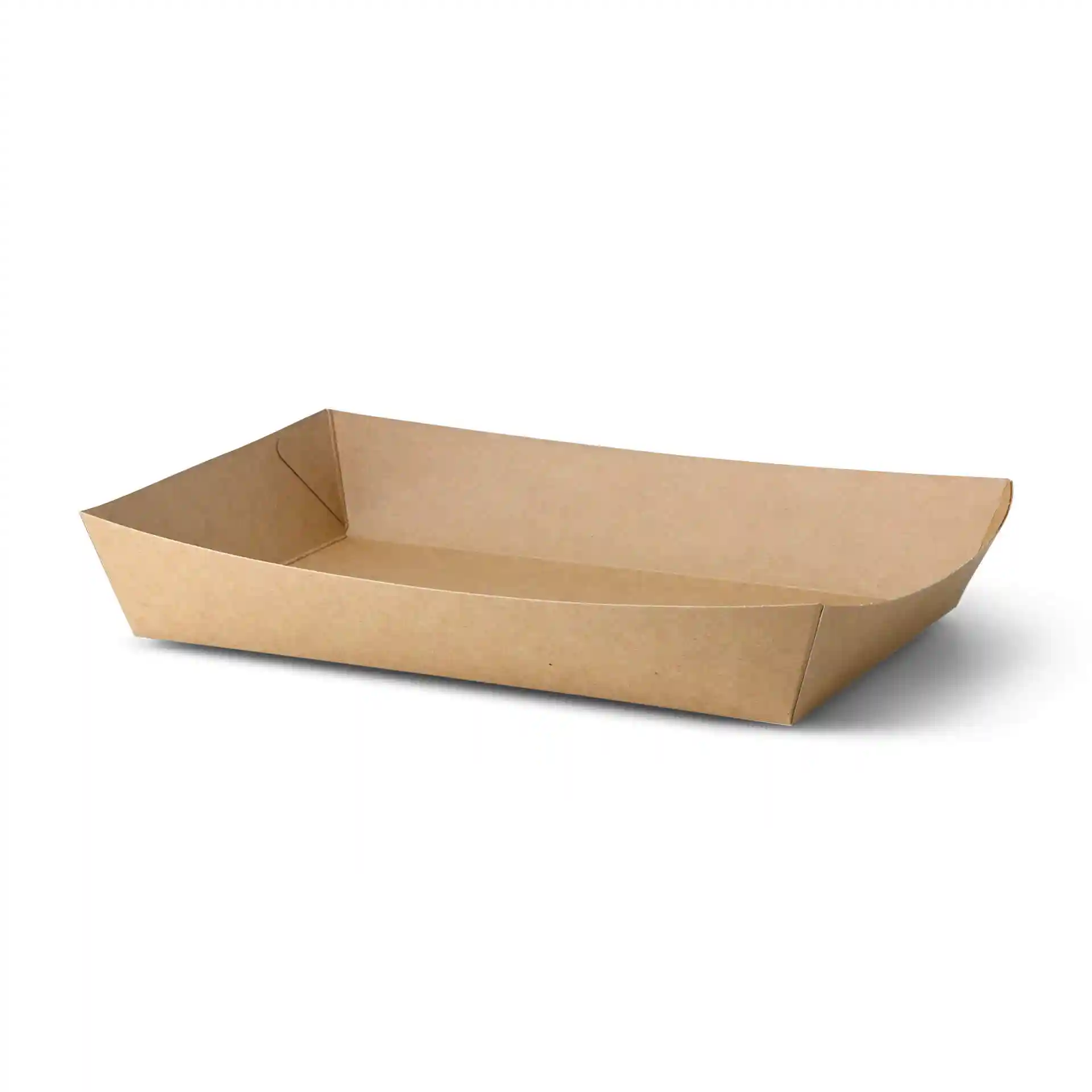 Plateau en carton rectangulaire marron, mesurant 27 x 20 x 3,5 cm, avec une surface lisse et des bords repliés.