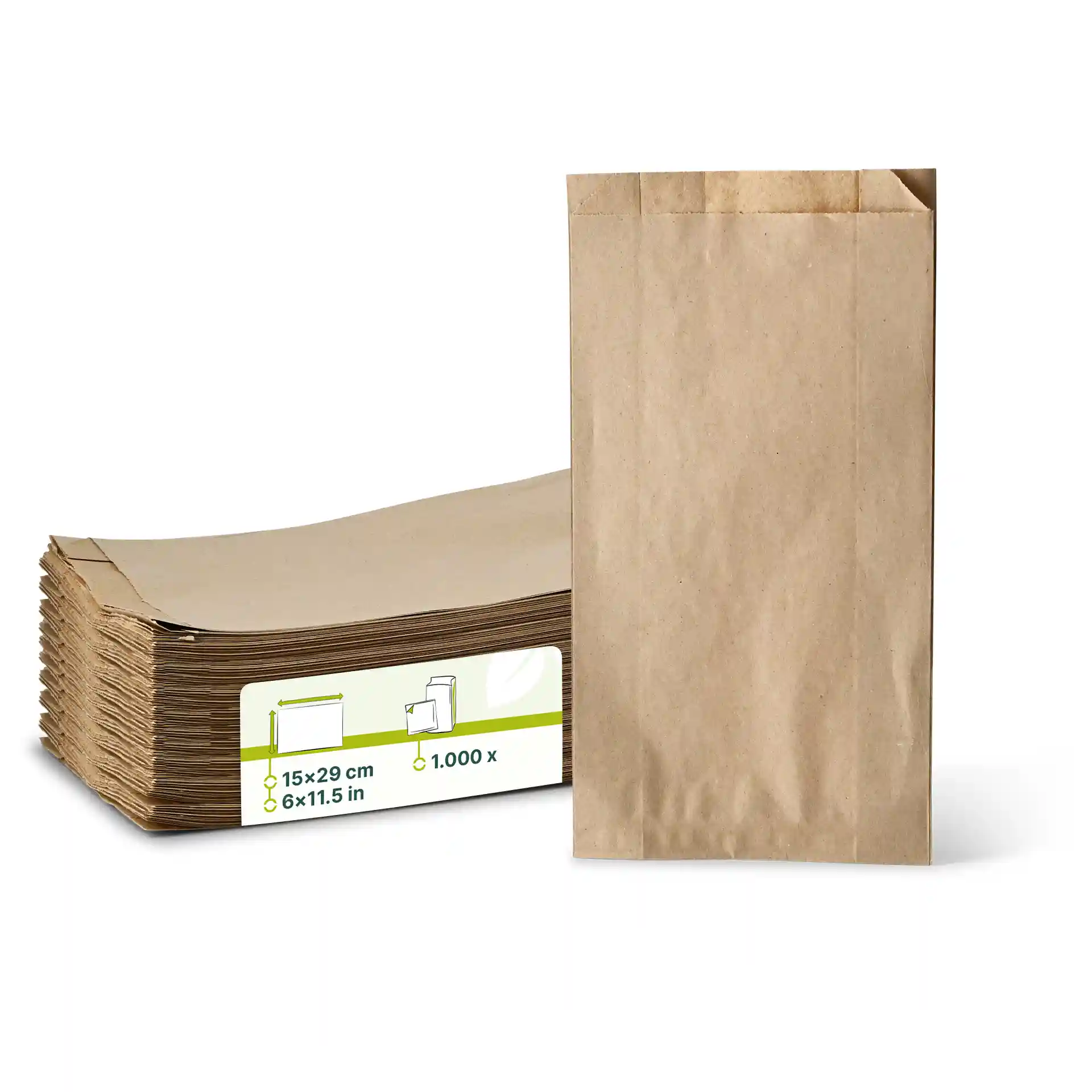 Sac en papier plat marron mesurant 15 x 29 cm, exposé à côté d'une pile de sacs similaires.