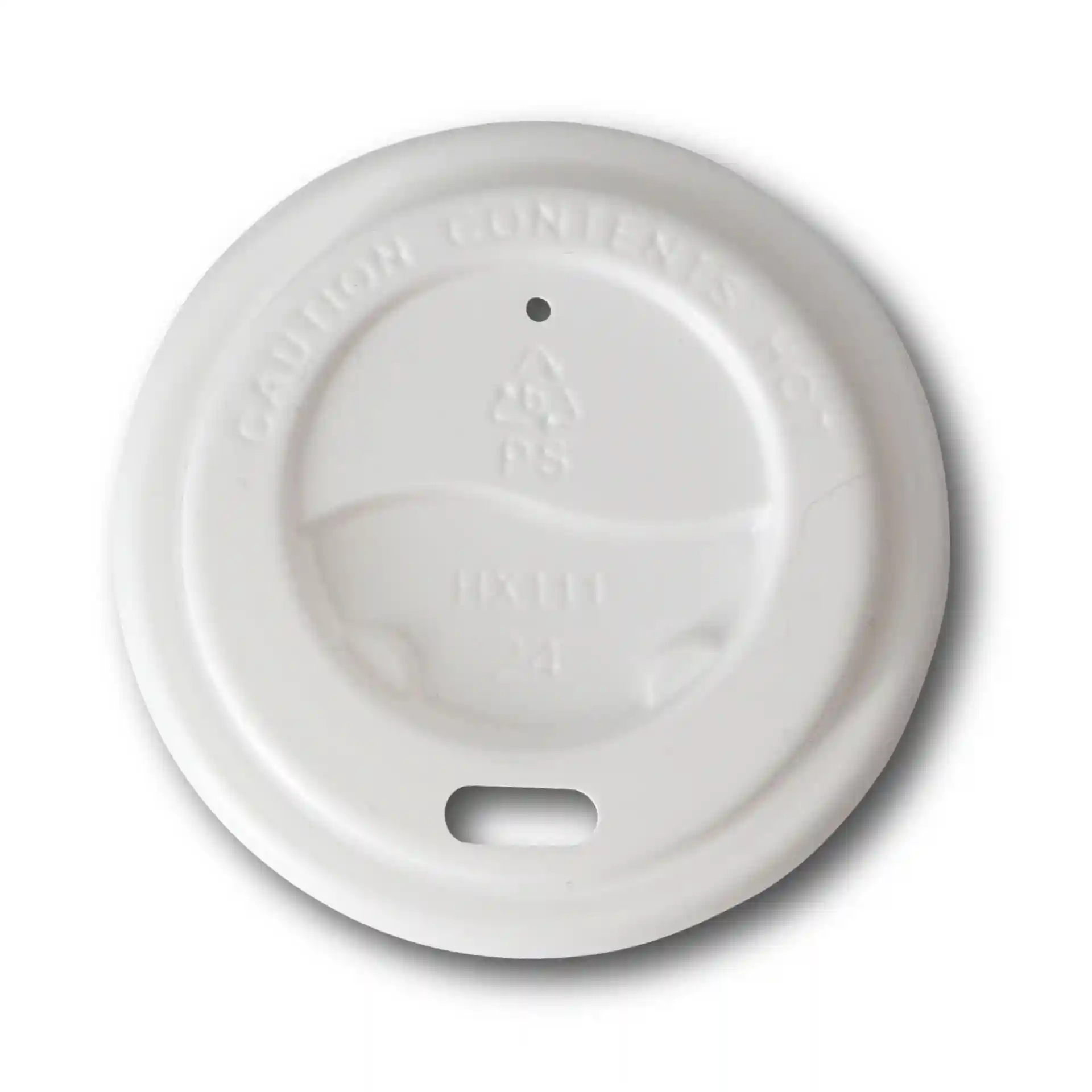 Couvercle rond en PS blanc avec un trou pour boire, mesurant 62 mm de diamètre et 16 mm de hauteur.