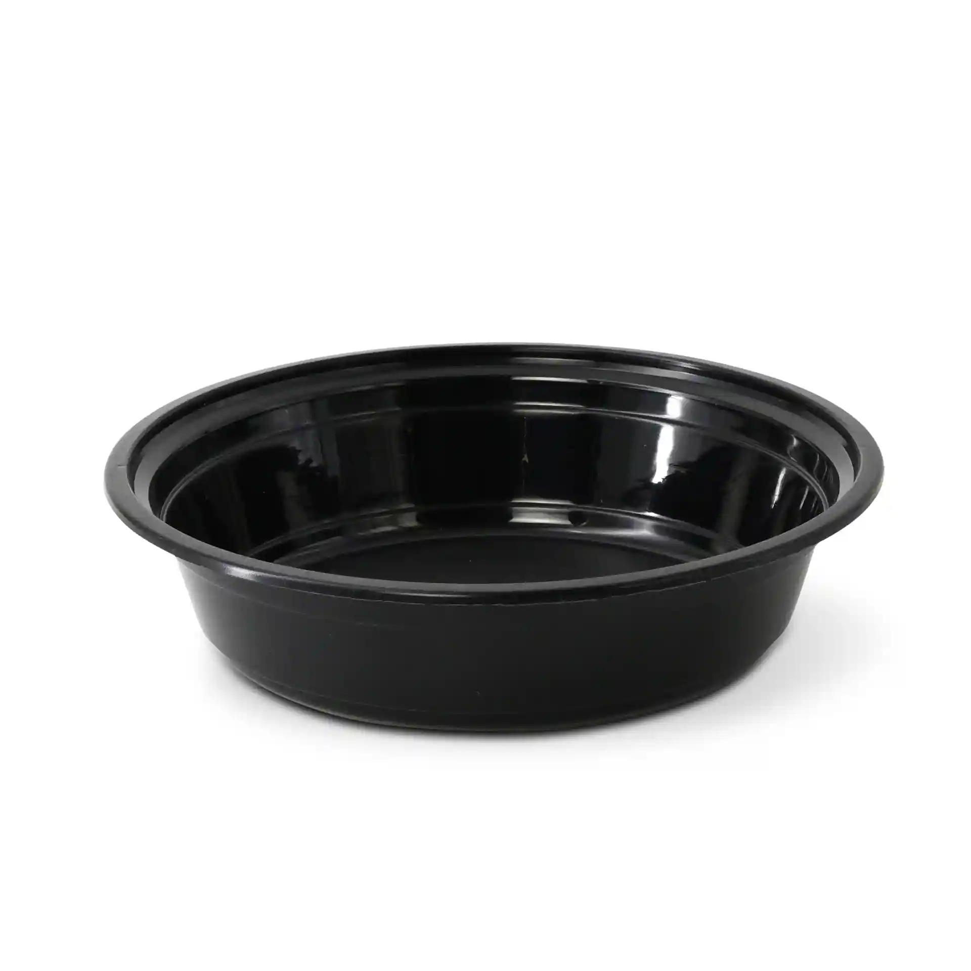 Assiette ronde réutilisable noire en polypropylène, capacité de 700 ml, diamètre de 182 mm et hauteur de 44 mm.
