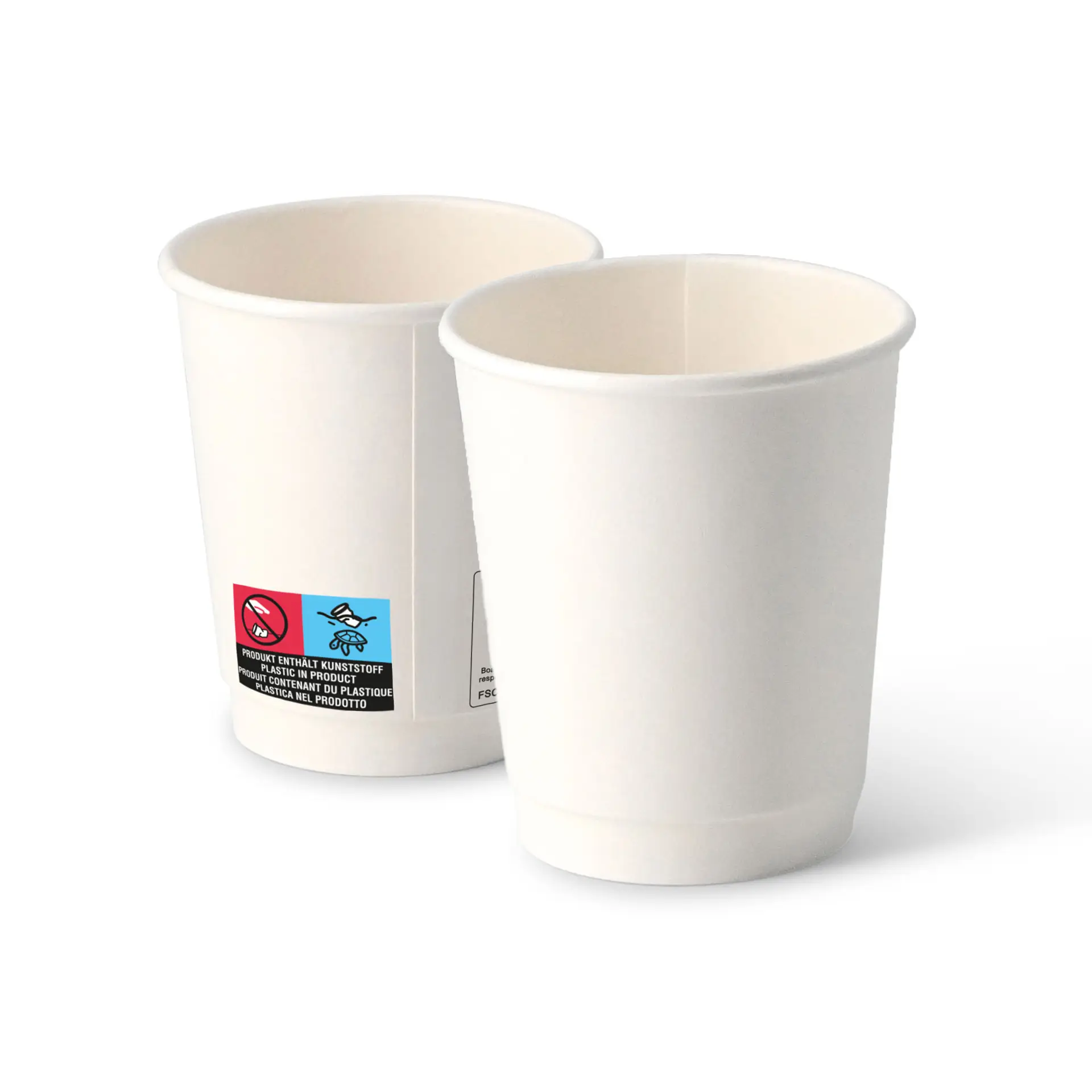 Gobelets en carton blanc à double paroi d'un diamètre de 80 mm avec des étiquettes visibles sur un gobelet.