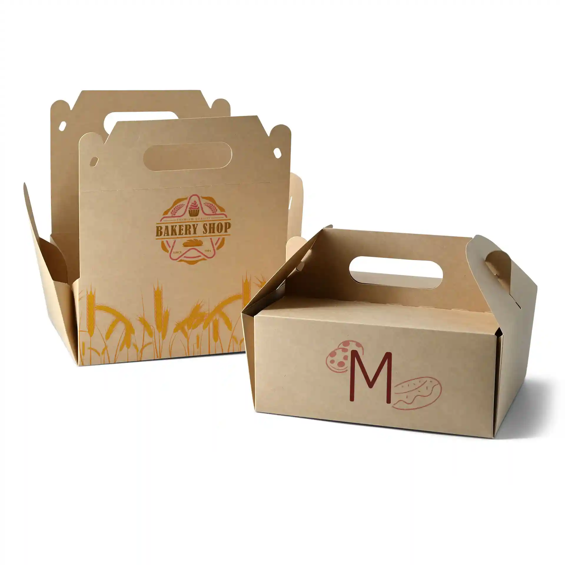 Boîtes à gâteaux brunes personnalisées avec poignées, présentant des designs sur le thème de la boulangerie et des dimensions de 21 x 16 x 9 cm.