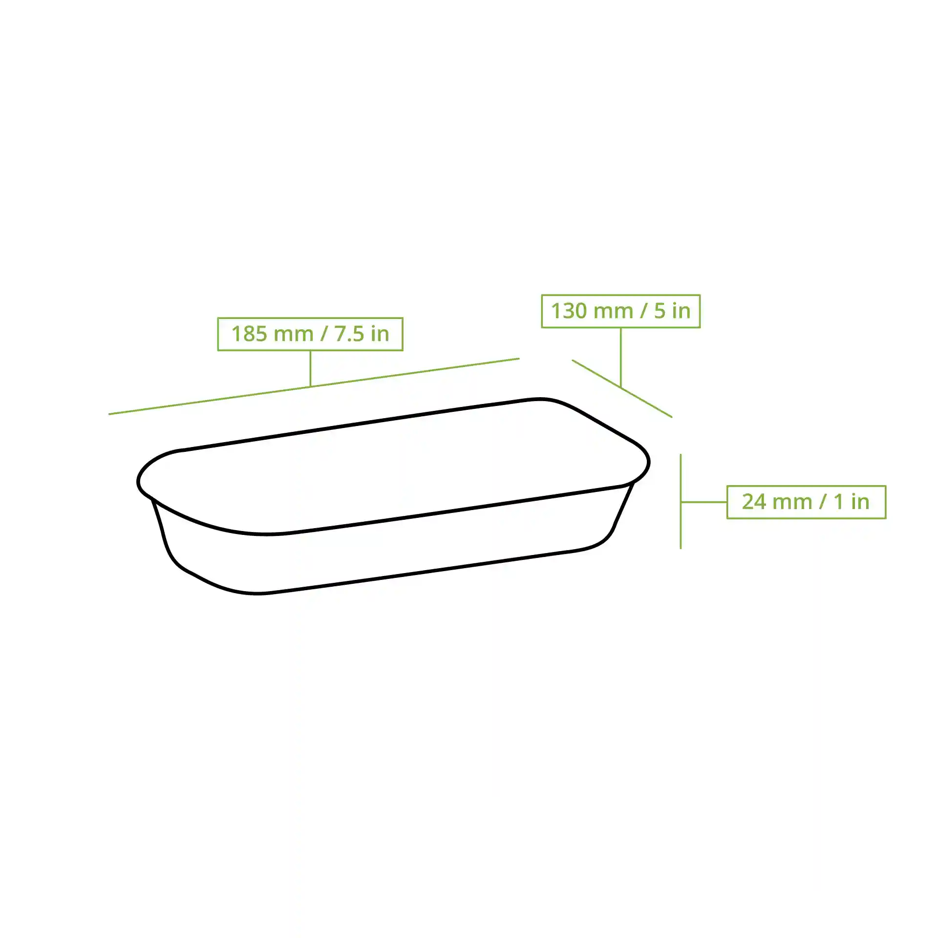 Dessin schématique d'une boîte à sushi rectangulaire avec dimensions étiquetées : 185 mm de longueur, 130 mm de largeur et 24 mm de hauteur.