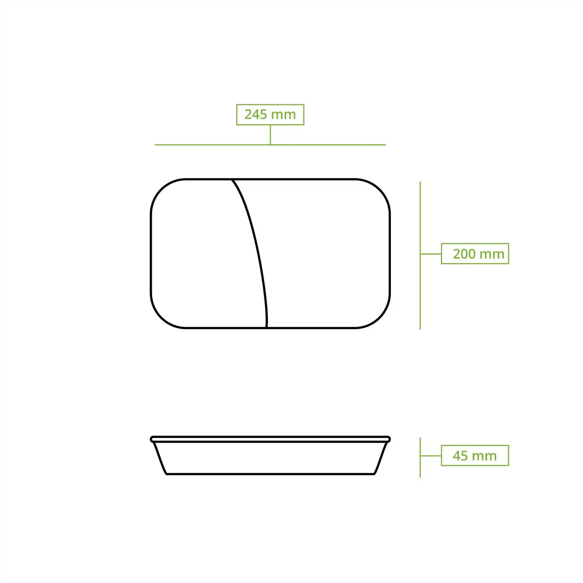 Dessin schématique d'un conteneur rectangulaire pour repas avec des dimensions de 245 mm par 200 mm et 45 mm de hauteur, comportant deux compartiments.