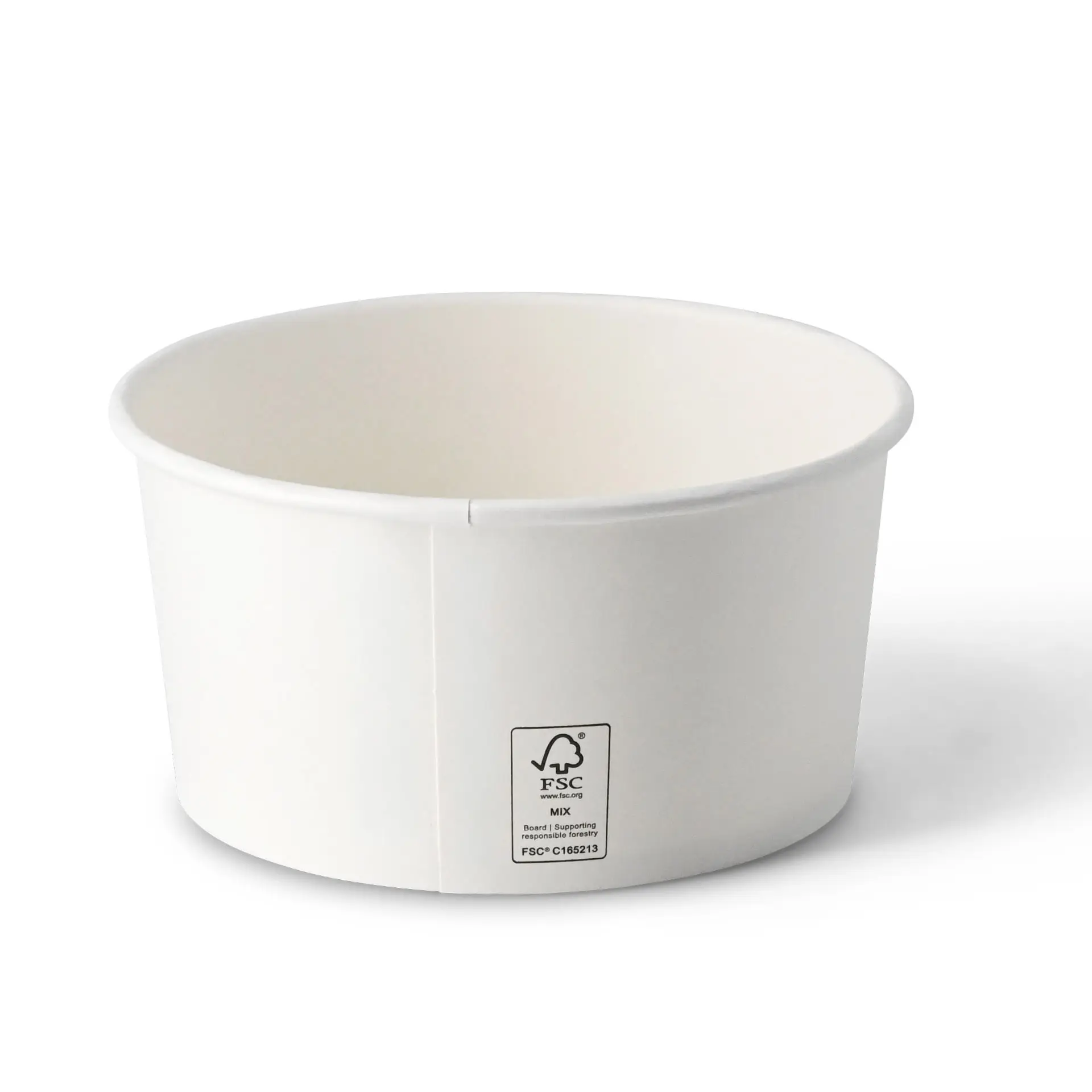 Bol en papier rond blanc de 75 mm de hauteur et 150 mm de diamètre, en carton.