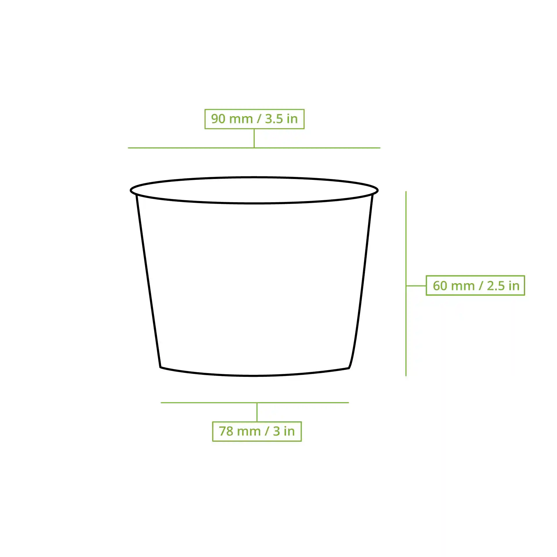 Dessin schématique d'un gobelet en carton rond pour soupe avec dimensions : diamètre supérieur 90 mm, hauteur 60 mm, diamètre inférieur 78 mm.