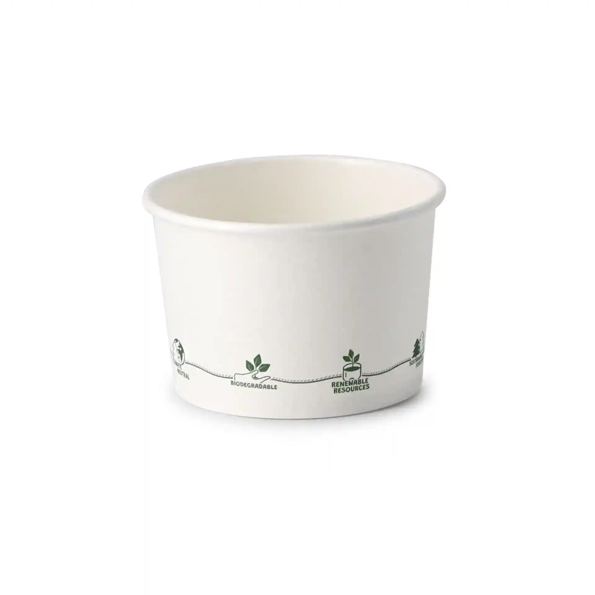 Gobelet en carton blanc pour soupe, forme ronde, avec icônes écologiques imprimées, diamètre 90 mm, hauteur 60 mm.